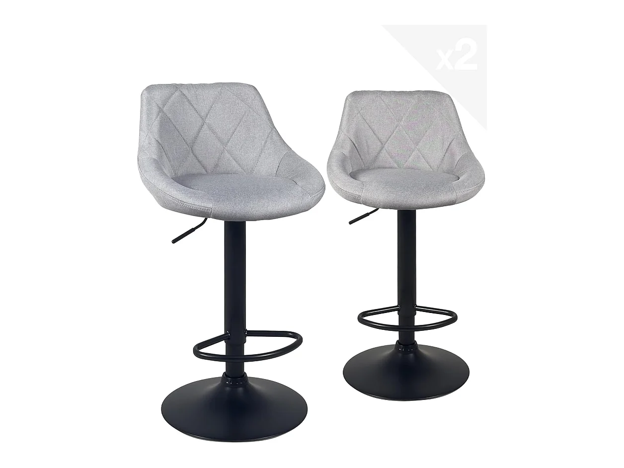Lot 2 chaises de bar siège tissu rembourré matelassé, pivotant, hauteur réglable pied noir LUTI (Gris)