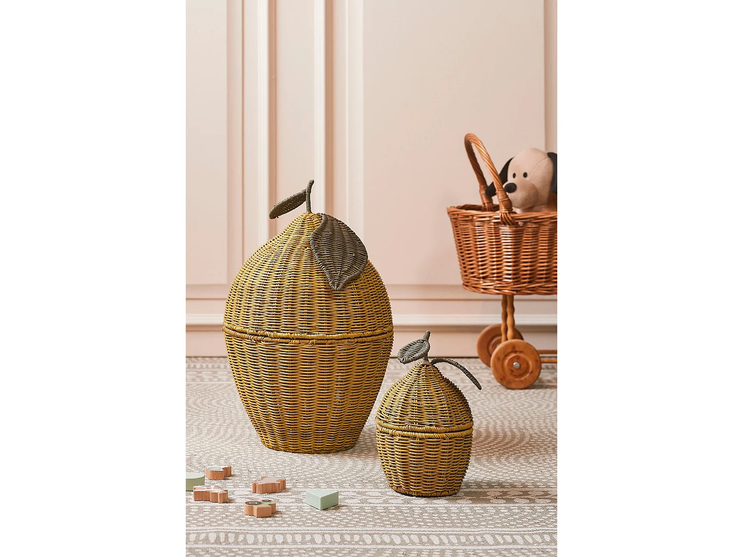 Ensemble de panier de rangement en rotin - 30 x 30 x 48 - Jaune -