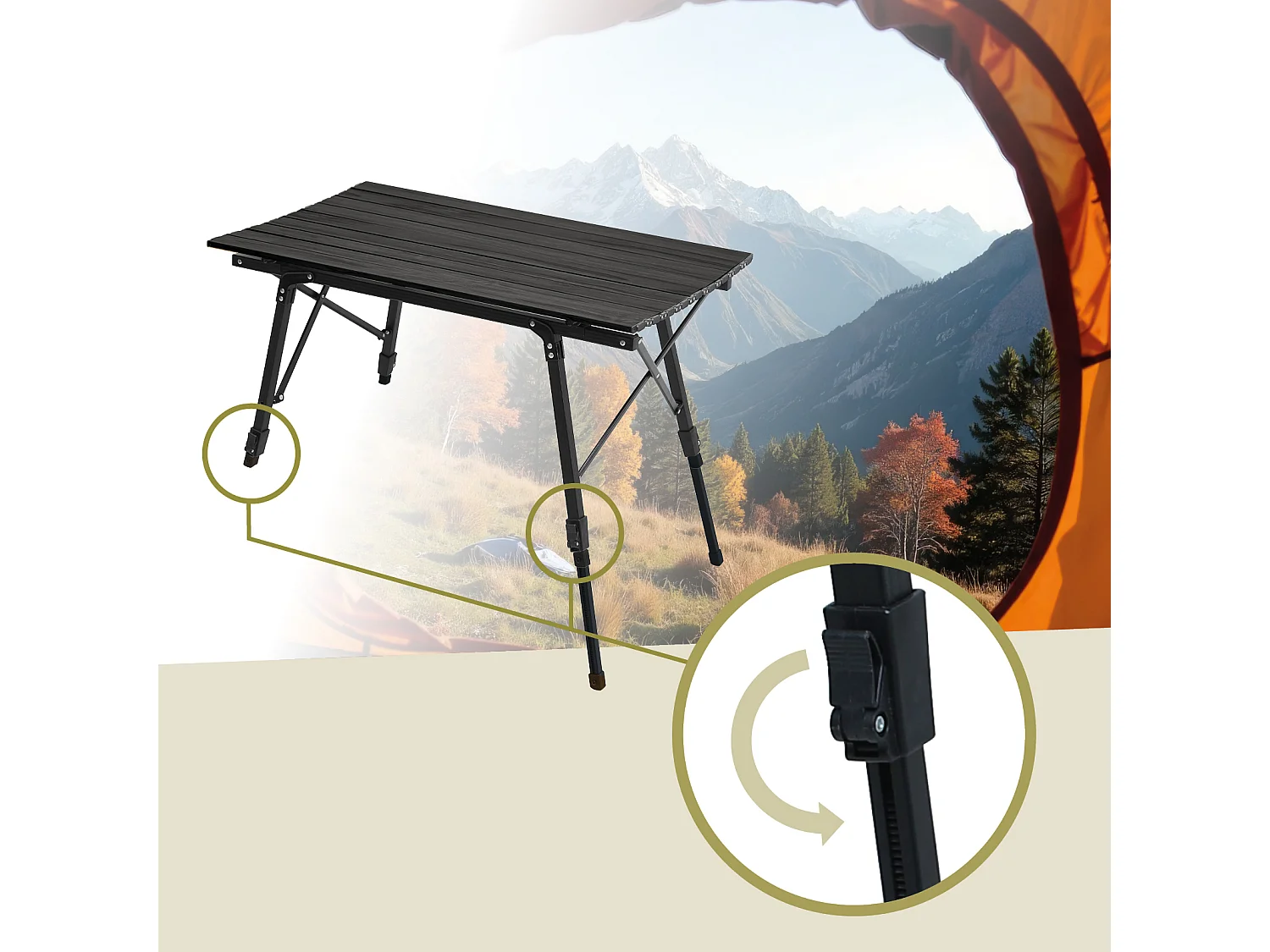 Table de camping pliable JAWINIO, table pliante réglable en hauteur, aluminium noir