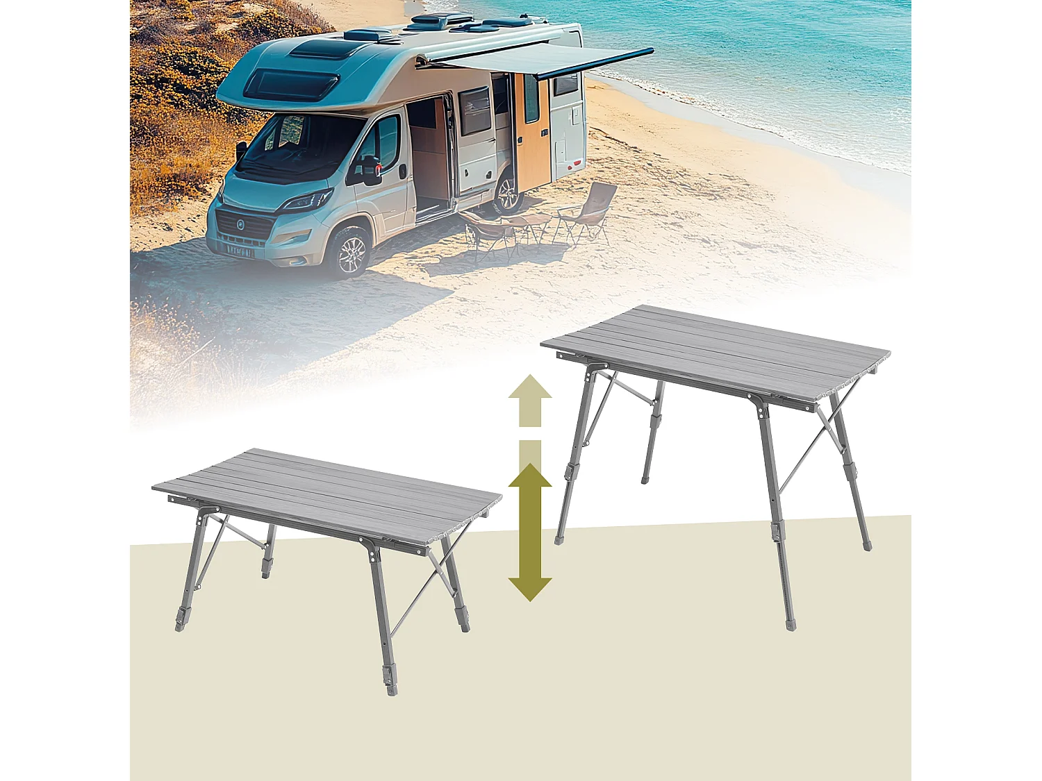 Table de camping pliable JAWINIO, table pliante réglable en hauteur, aluminium argent