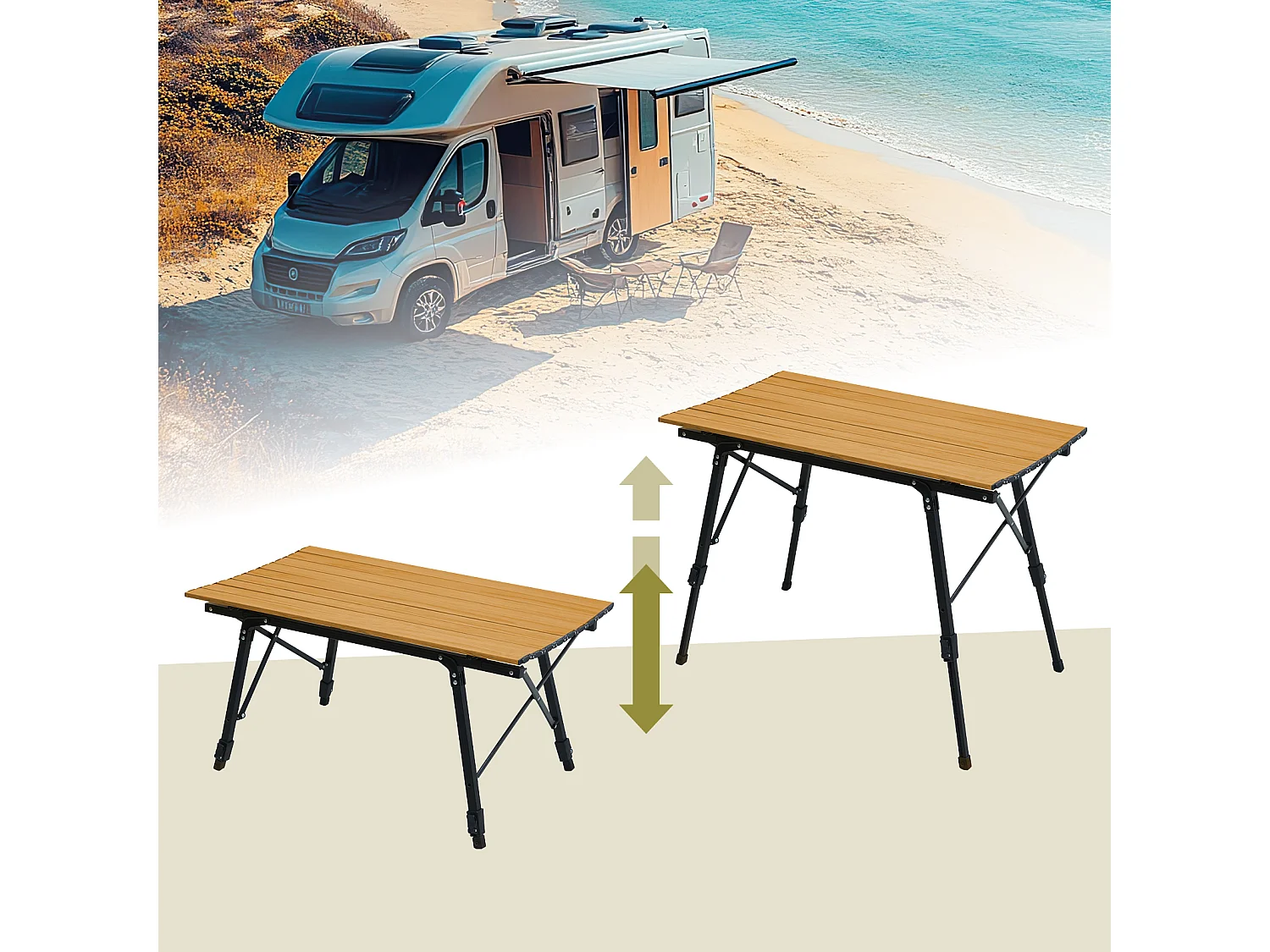 Table de camping pliable JAWINIO, table pliante réglable en hauteur, aluminium aspect bois/noir