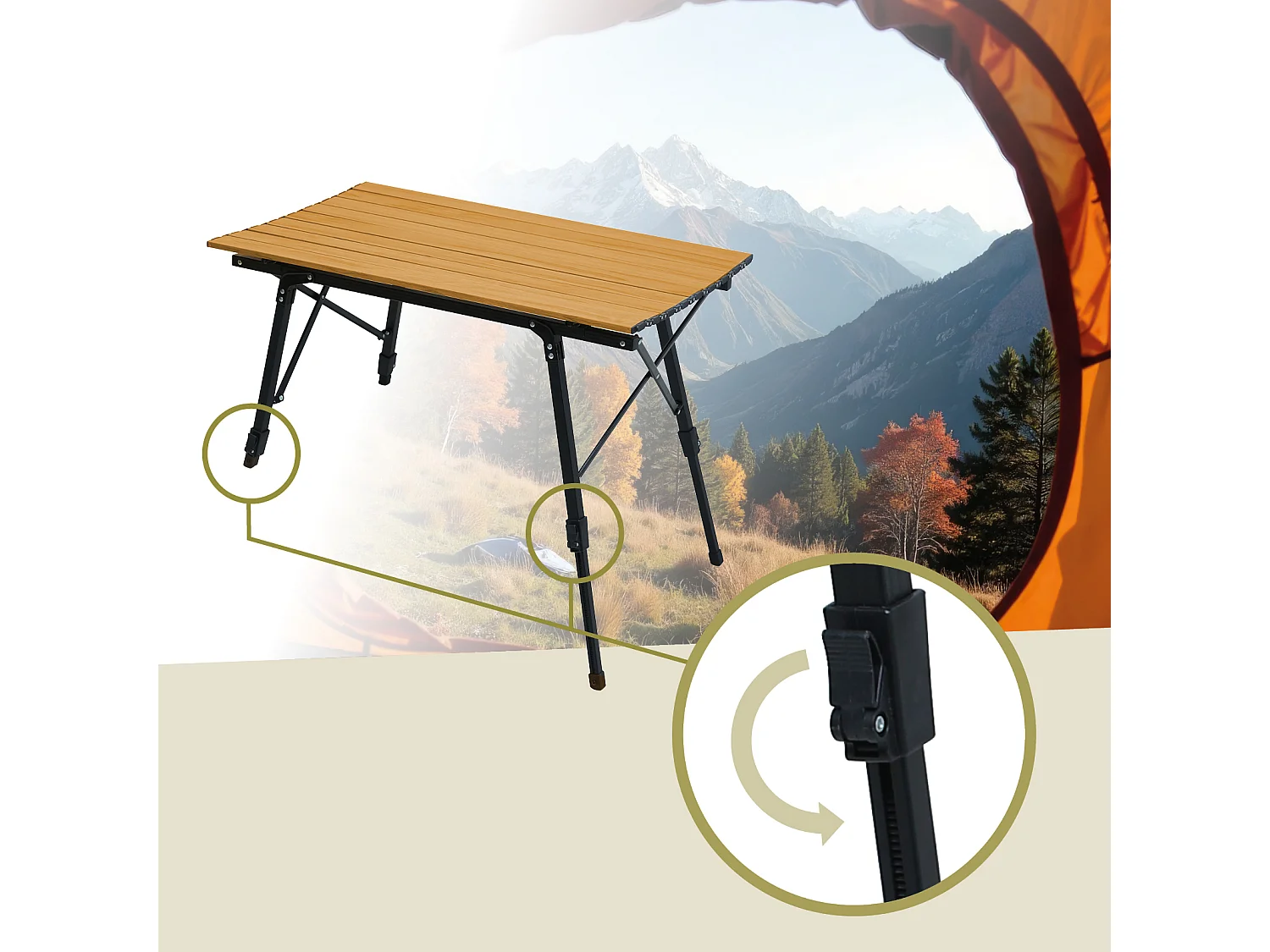 Table de camping pliable JAWINIO, table pliante réglable en hauteur, aluminium aspect bois/noir