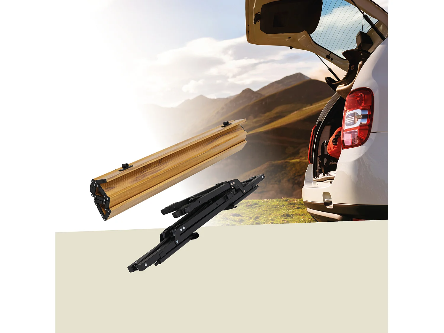 Table de camping pliable JAWINIO, table pliante réglable en hauteur, aluminium aspect bois/noir