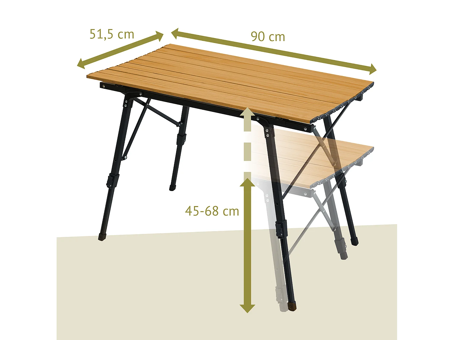Table de camping pliable JAWINIO, table pliante réglable en hauteur, aluminium aspect bois/noir