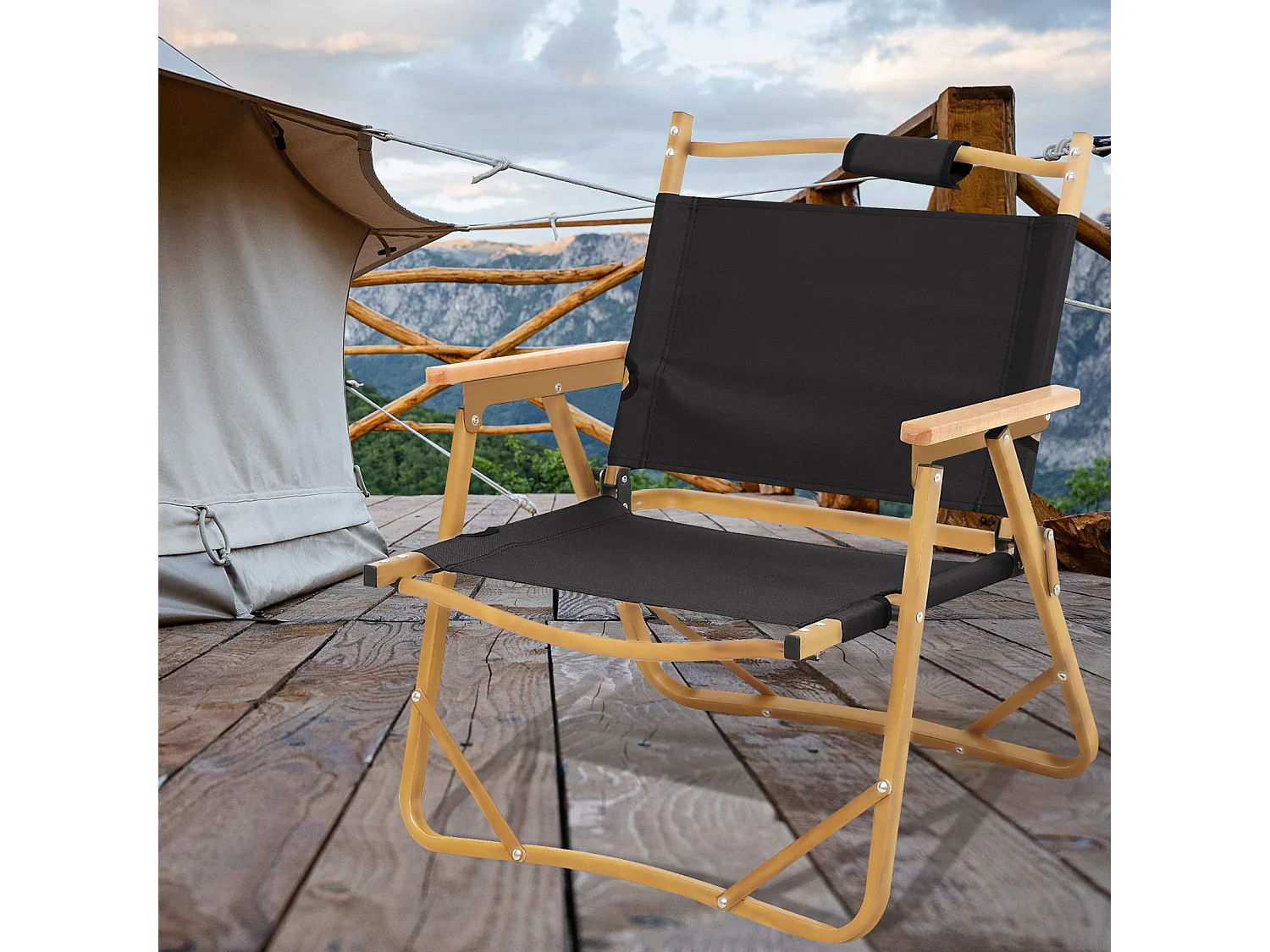 Chaise de camping extérieure en bois pliable avec accoudoirs