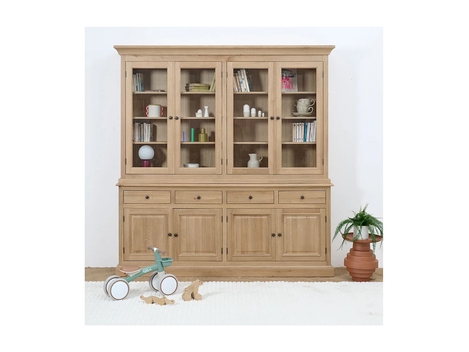 Buffet vaisselier en chêne 4 portes vitrées 4 tiroirs 4 portes bois - VICTORIA