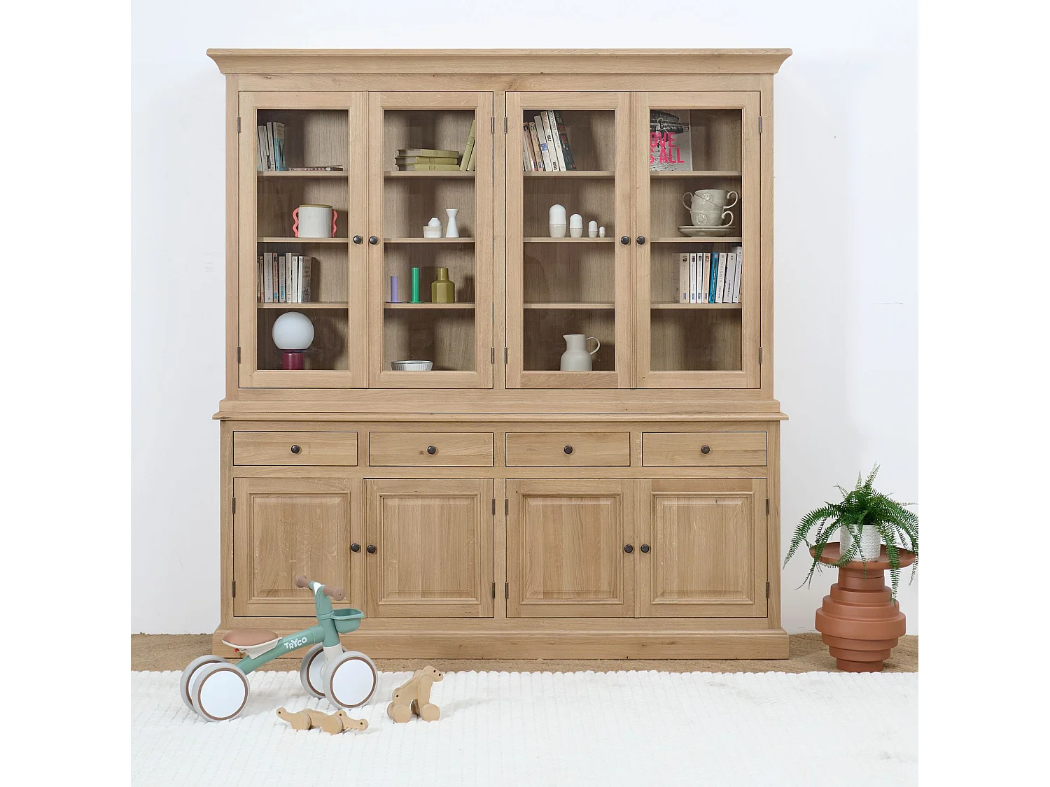 Buffet vaisselier en chêne 4 portes vitrées 4 tiroirs 4 portes bois - VICTORIA