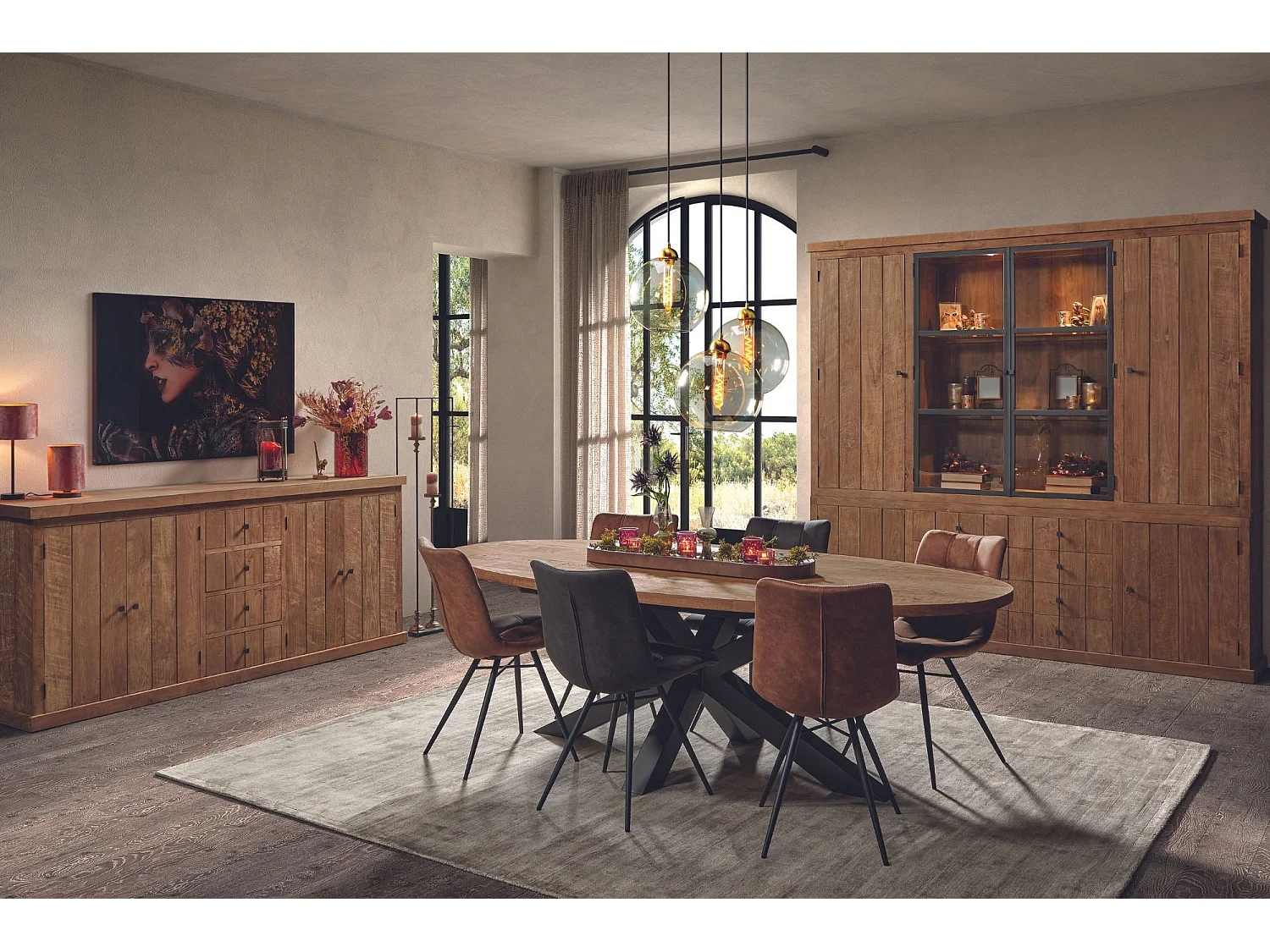 Buffet vaisselier en bois recyclé 4 portes 8 tiroirs éclairage LED - LINAS