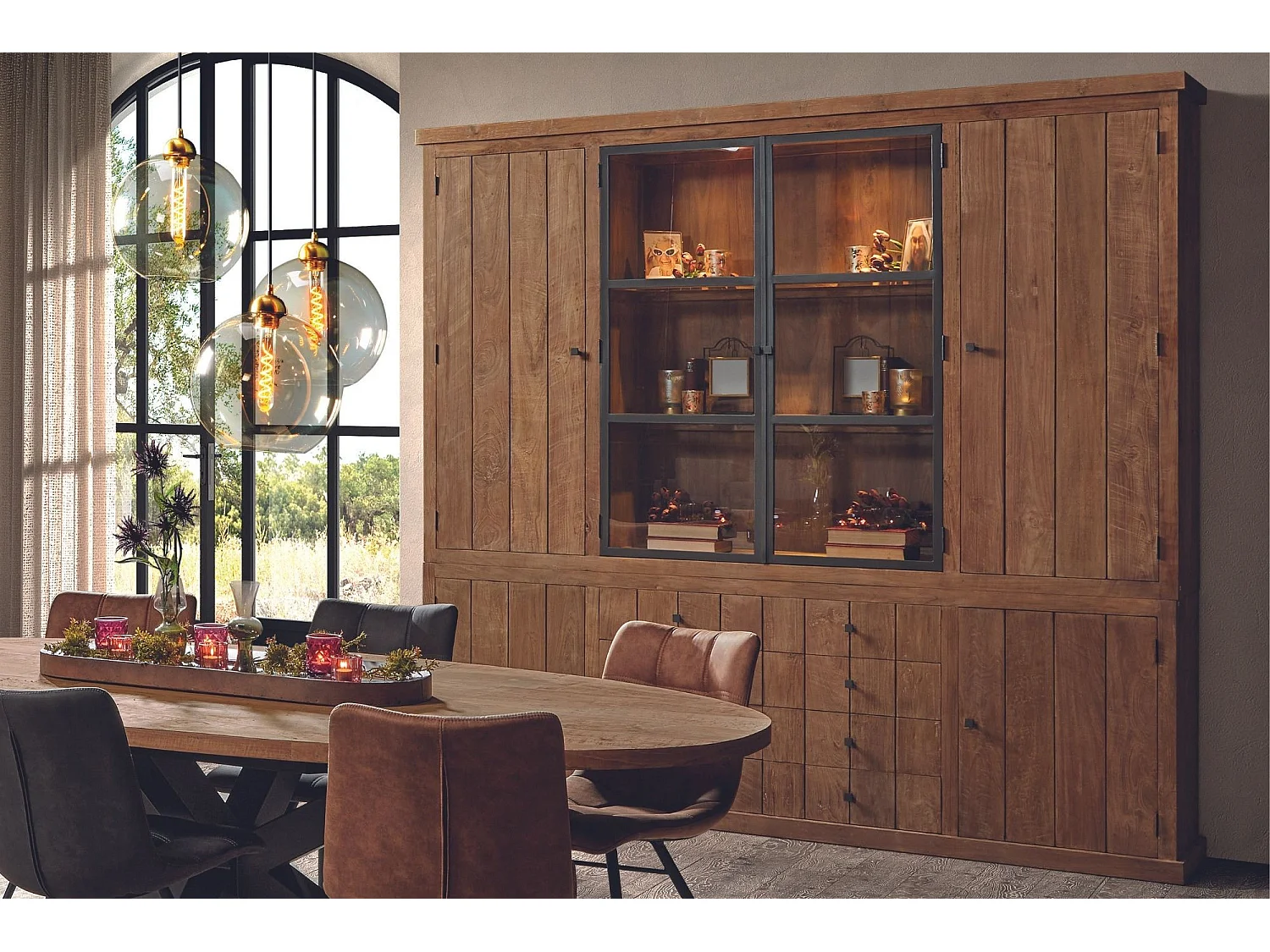 Buffet vaisselier en bois recyclé 4 portes 8 tiroirs éclairage LED - LINAS