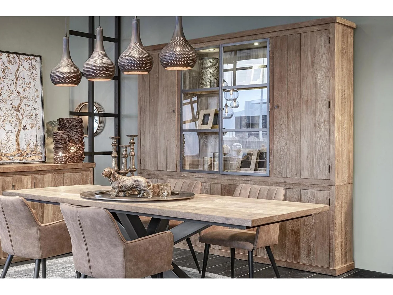 Buffet vaisselier en bois recyclé 4 portes 8 tiroirs éclairage LED - LINAS