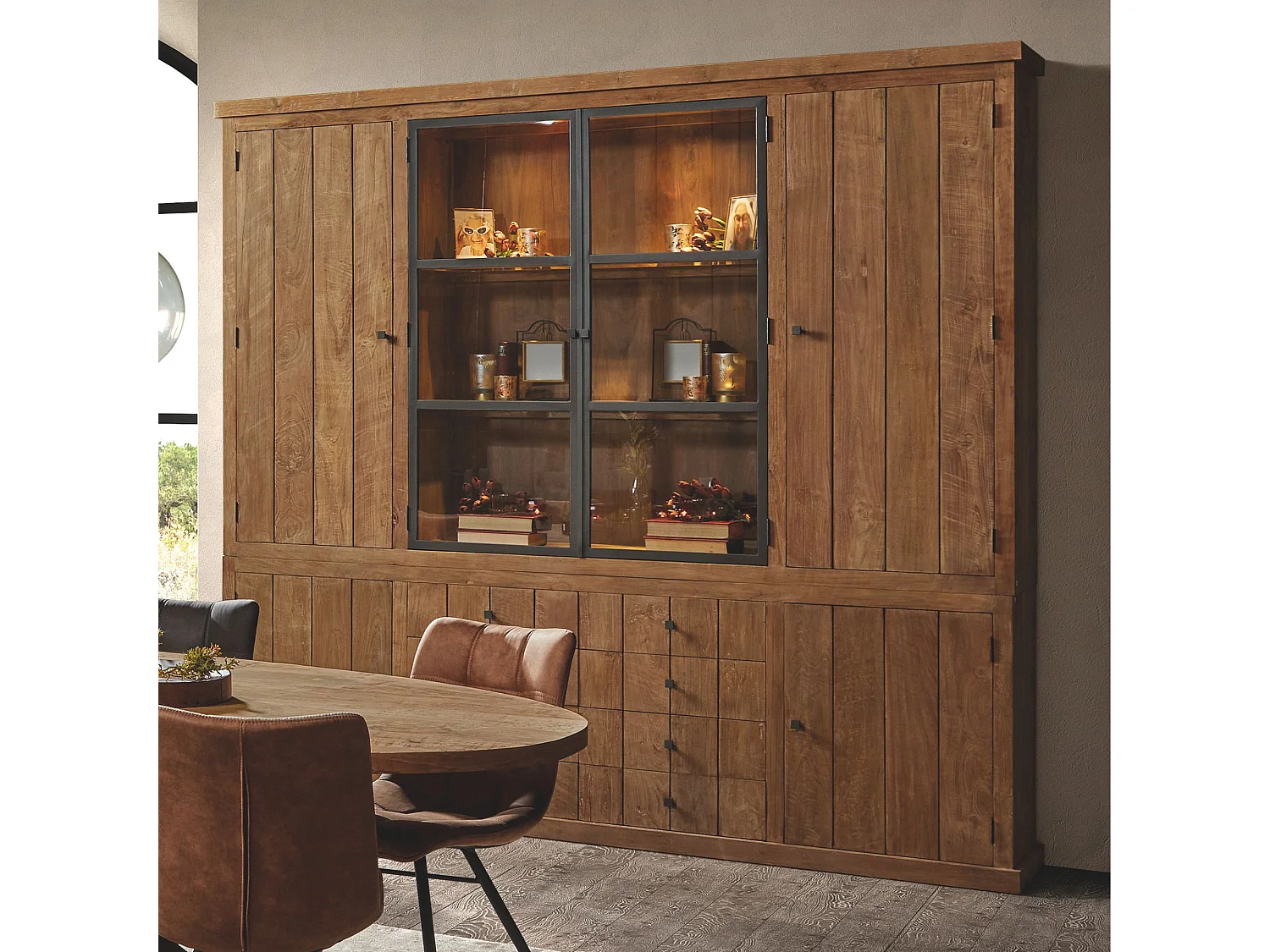 Buffet vaisselier en bois recyclé 4 portes 8 tiroirs éclairage LED - LINAS