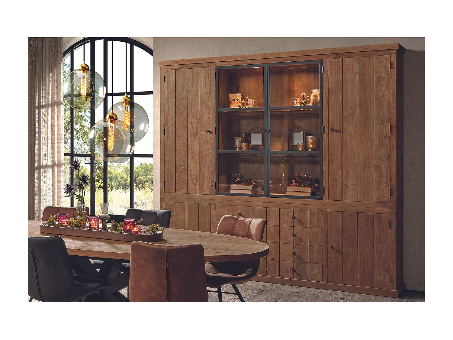 Buffet vaisselier en bois recyclé 4 portes 8 tiroirs éclairage LED - LINAS