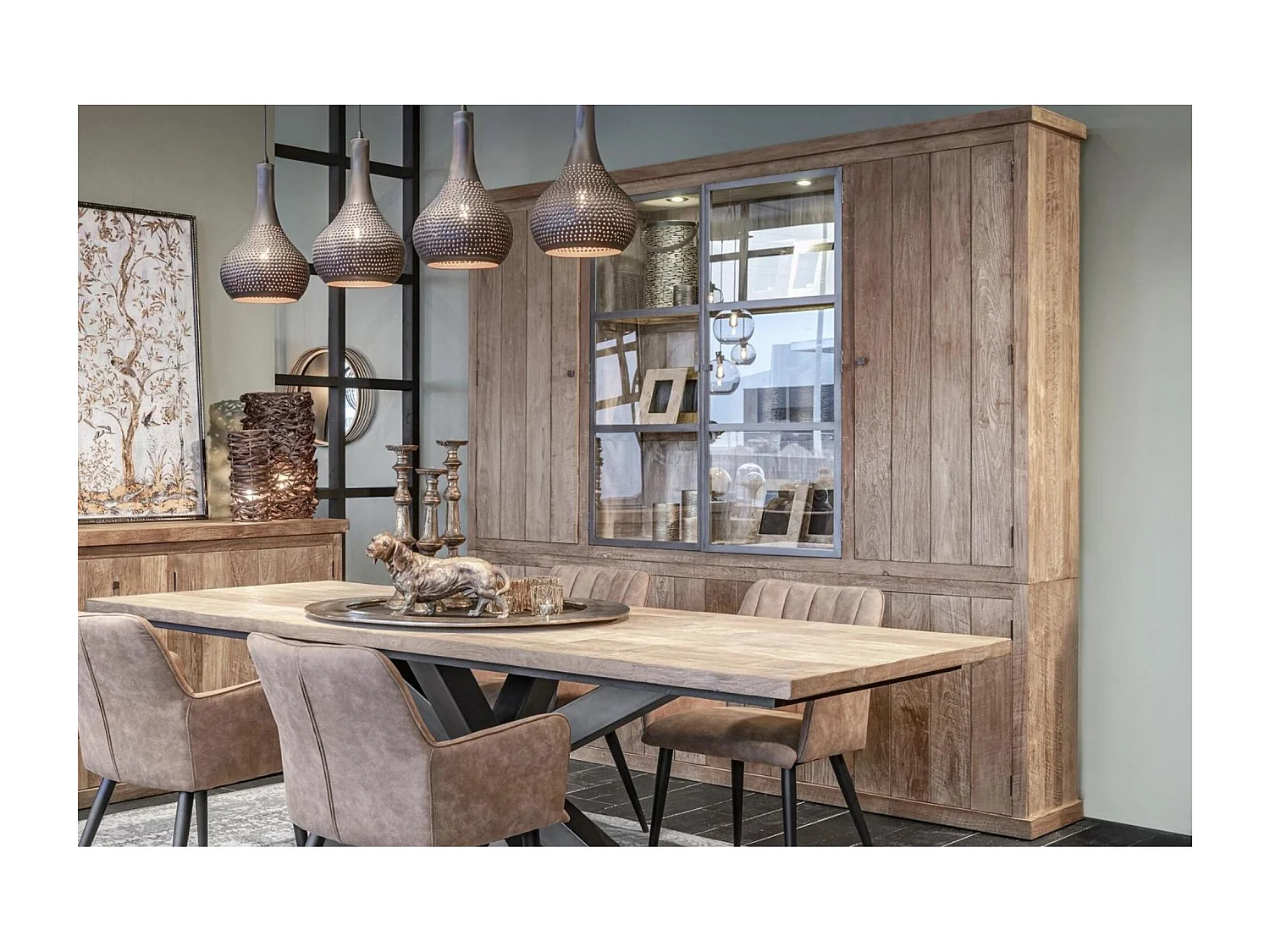 Buffet vaisselier en bois recyclé 4 portes 8 tiroirs éclairage LED - LINAS