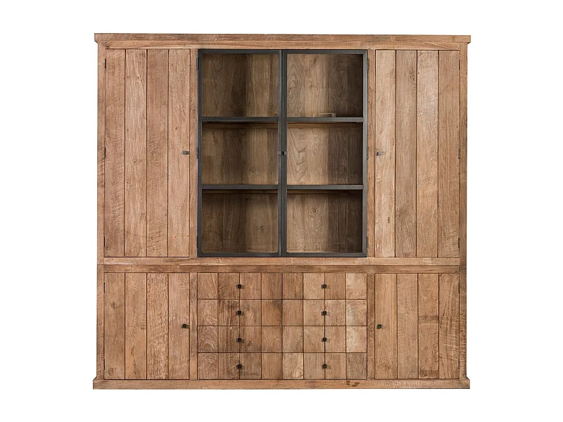 Buffet vaisselier en bois recyclé 4 portes 8 tiroirs éclairage LED - LINAS