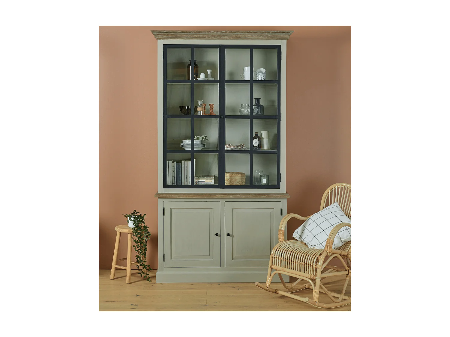 Buffet vaisselier en bois 2 portes vitrées éclairage LED - VILLAS