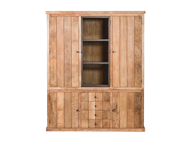 Buffet vaisselier en bois recyclé 3 portes 4 tiroirs éclairage LED - LINAS