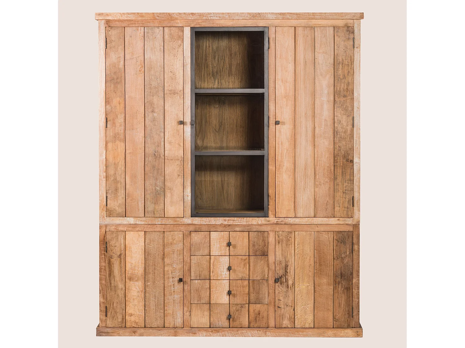 Buffet vaisselier en bois recyclé 3 portes 4 tiroirs éclairage LED - LINAS