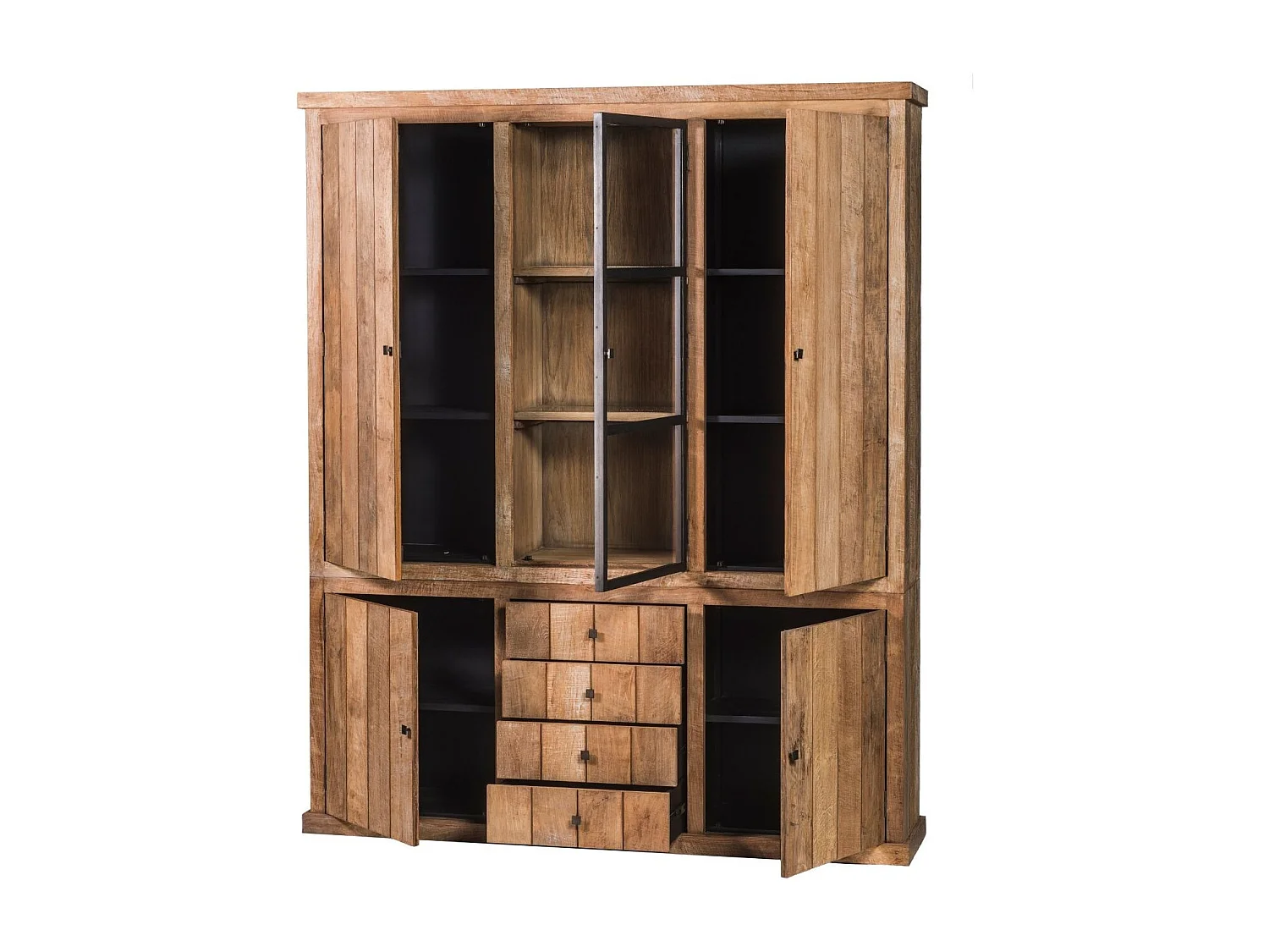 Buffet vaisselier en bois recyclé 3 portes 4 tiroirs éclairage LED - LINAS
