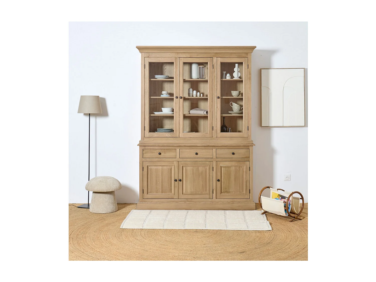 Buffet vaisselier en chêne 3 portes vitrées 3 tiroirs 3 portes bois - VICTORIA