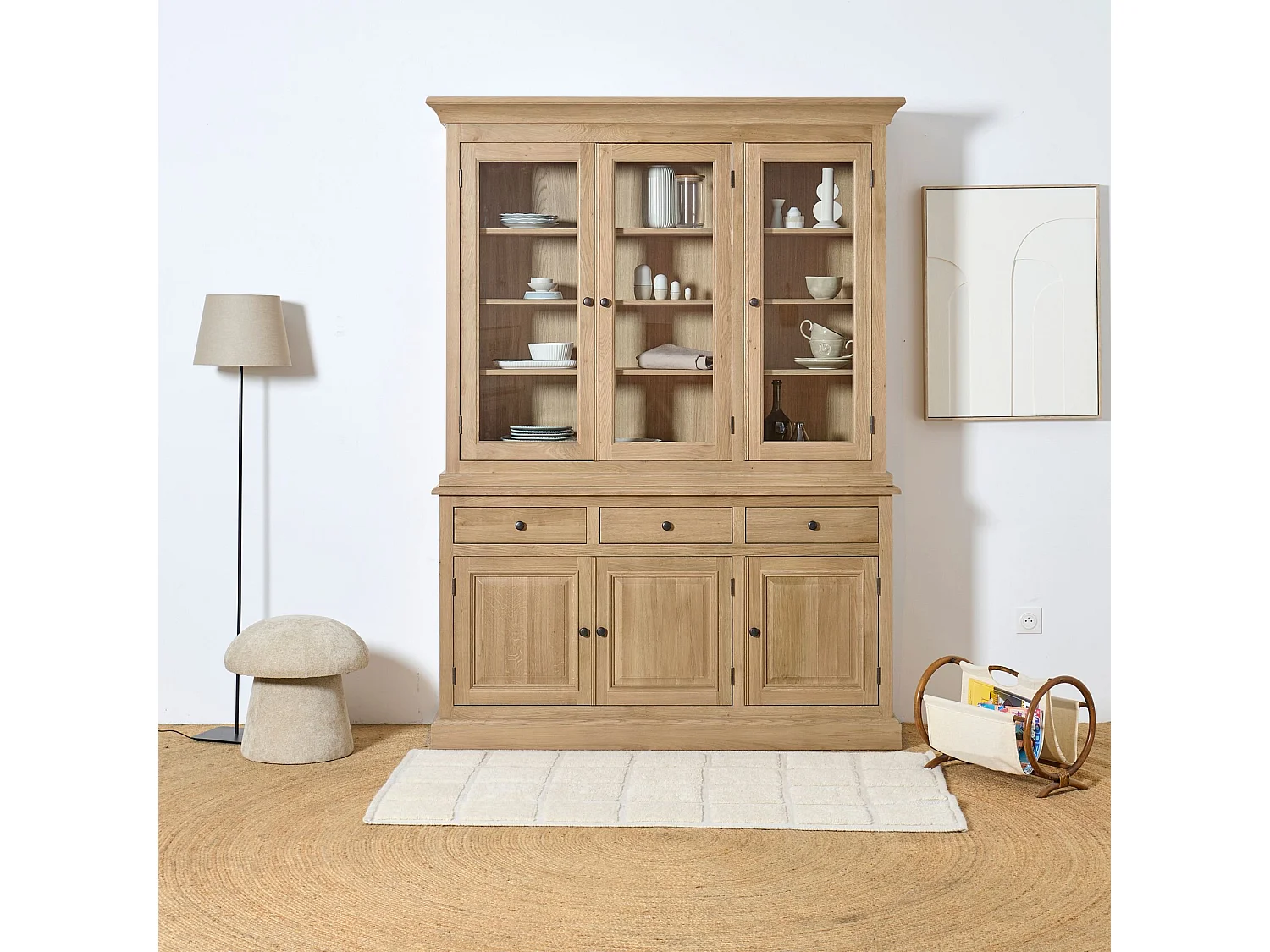 Buffet vaisselier en chêne 3 portes vitrées 3 tiroirs 3 portes bois - VICTORIA