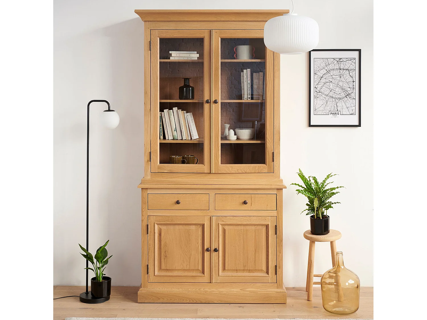 Buffet vaisselier en chêne 2 portes vitrées 2 tiroirs 2 portes bois - VICTORIA