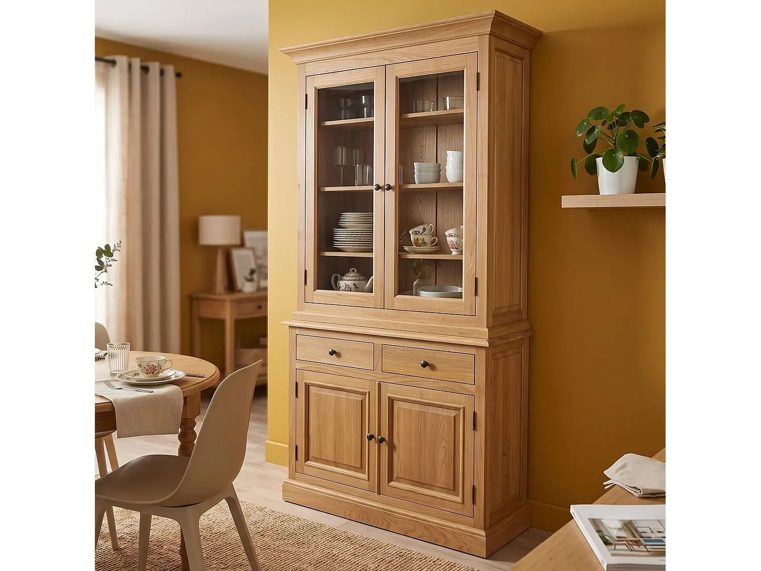 Buffet vaisselier en chêne 2 portes vitrées 2 tiroirs 2 portes bois - VICTORIA
