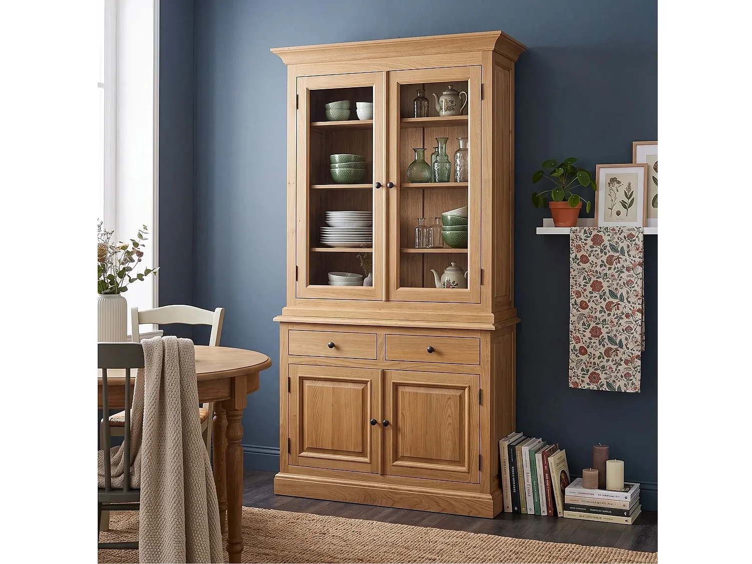 Buffet vaisselier en chêne 2 portes vitrées 2 tiroirs 2 portes bois - VICTORIA