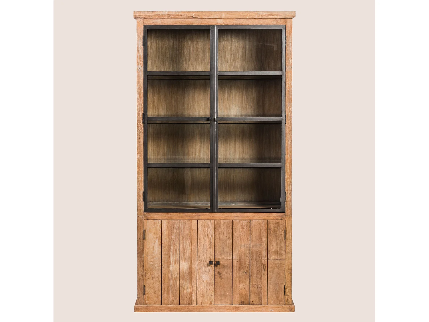 Buffet vaisselier en bois recyclé et métal 4 portes éclairage LED - LINAS