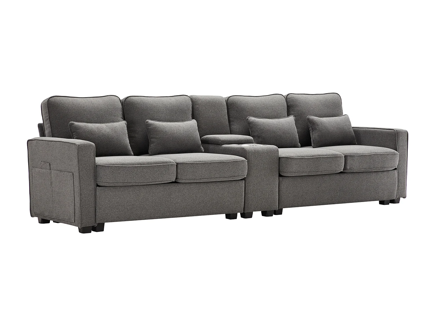 Modernes 4-Sitzer-Sofa aus Leinenstoff mit Konsole, 2 Becherhaltern, 2 USB-Anschlüssen (Aufladen per Kabel möglich).