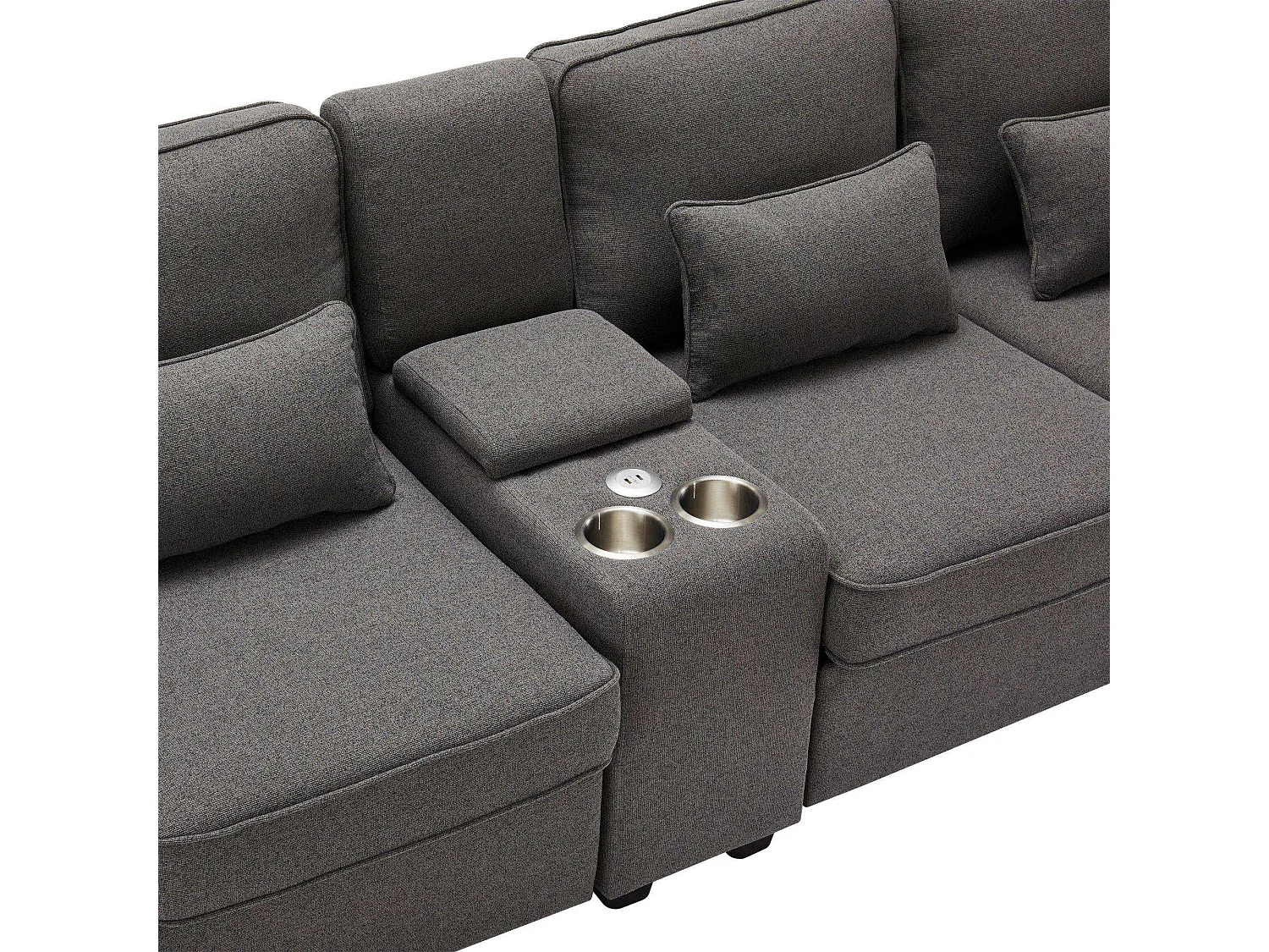 Canapé moderne 4 places en tissu lin avec console, 2 porte-gobelets, 2 ports USB (possibilité de chargement par câble)