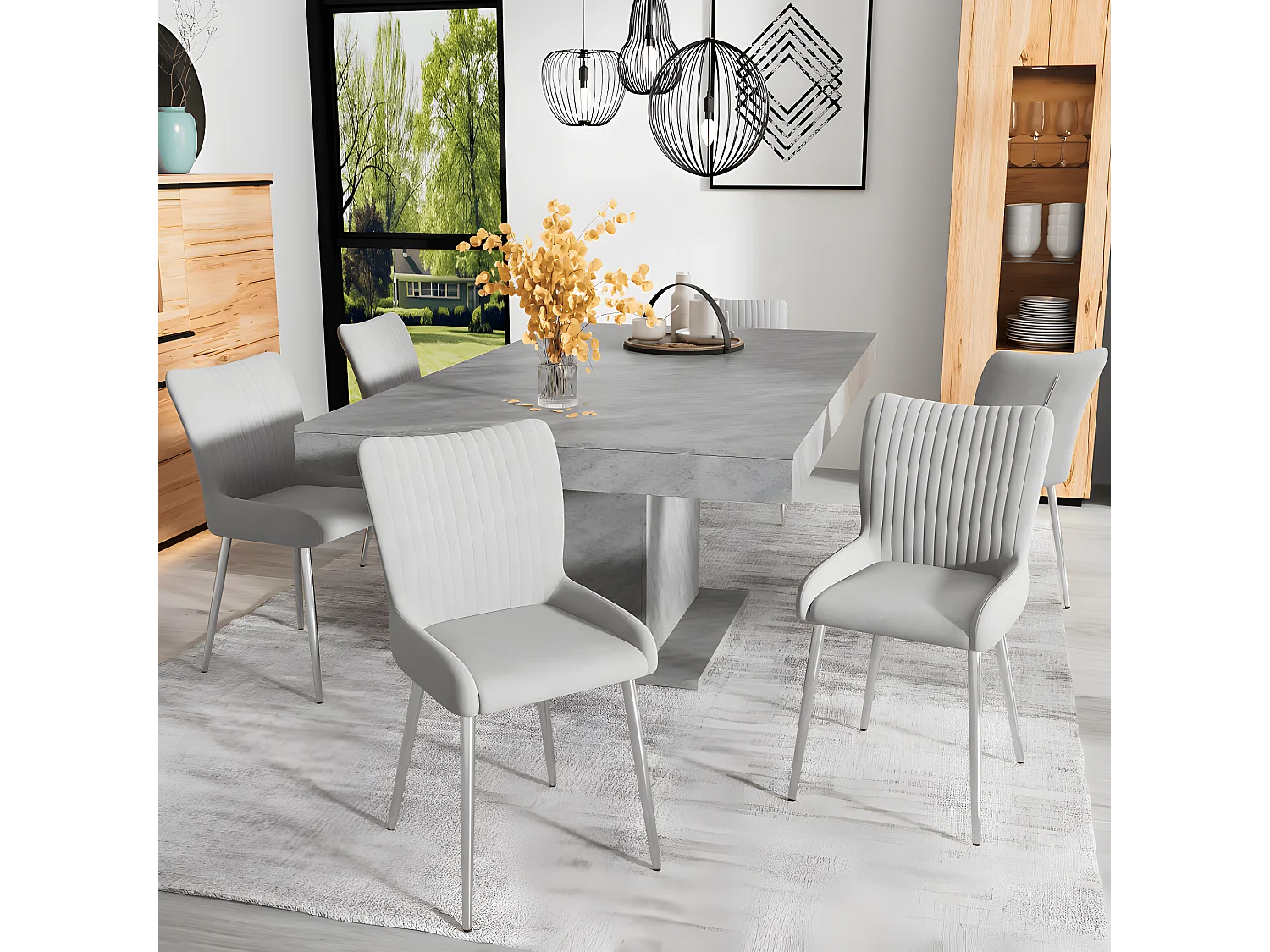 Esszimmerstuhl aus Samt, 6er-Set, Wohnzimmerstuhl mit vier Beinen aus silbernem Metall, grau