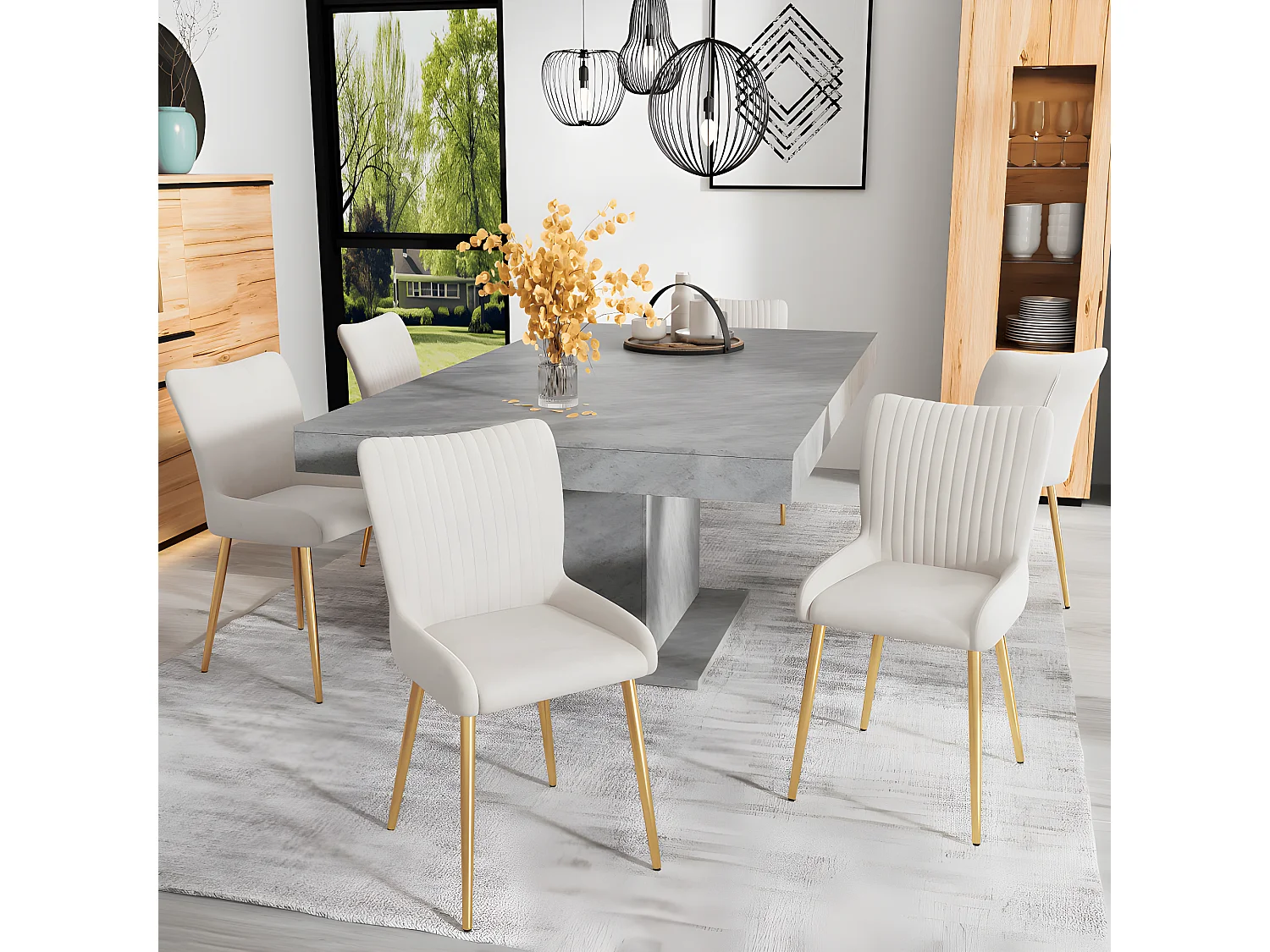 Chaise de salle à manger en velours, ensemble de 4, chaise longue avec quatre pieds en métal doré, beige