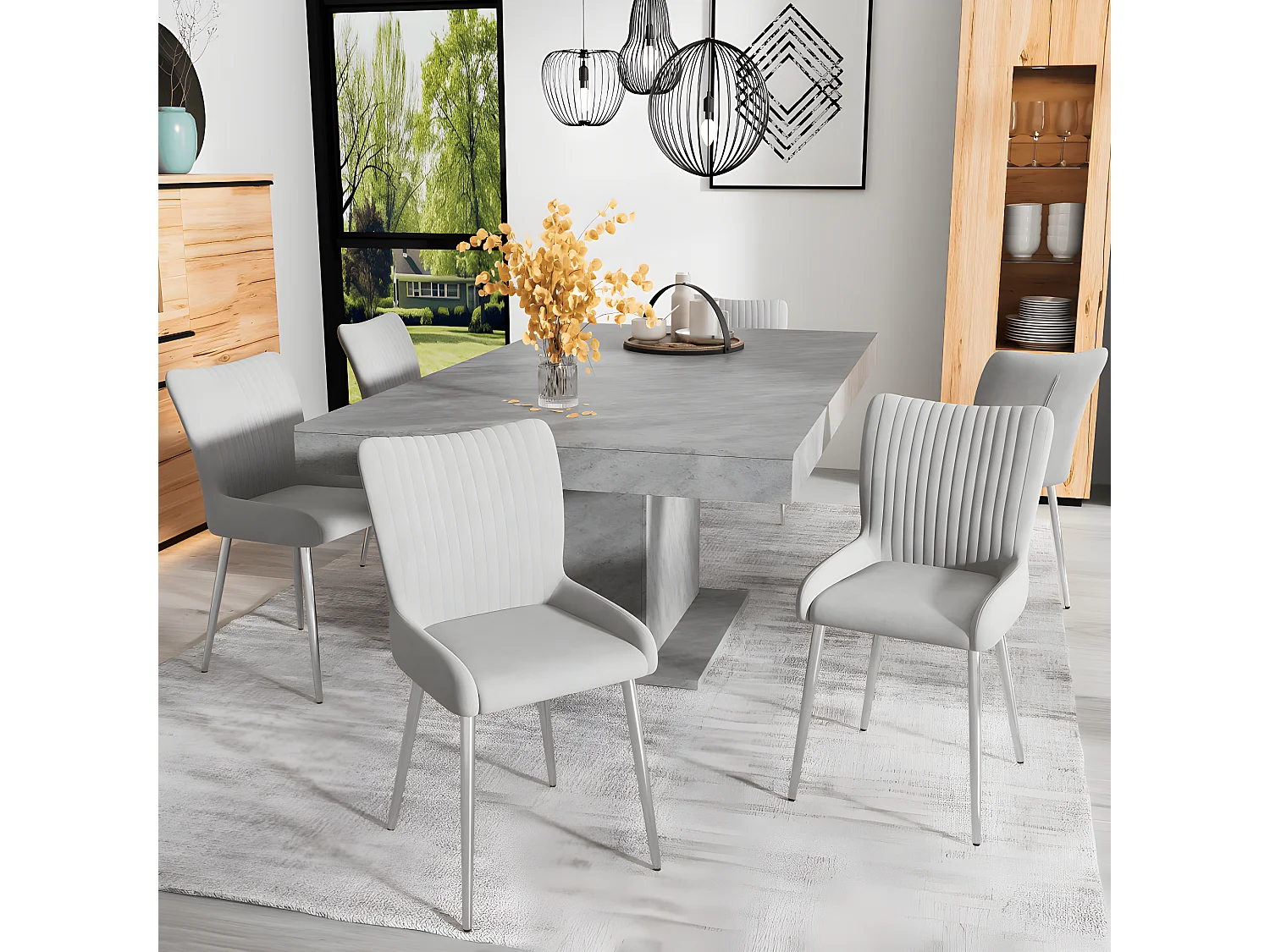 Silla de comedor de terciopelo, lote de 4, cuatro patas de metal plateado, gris