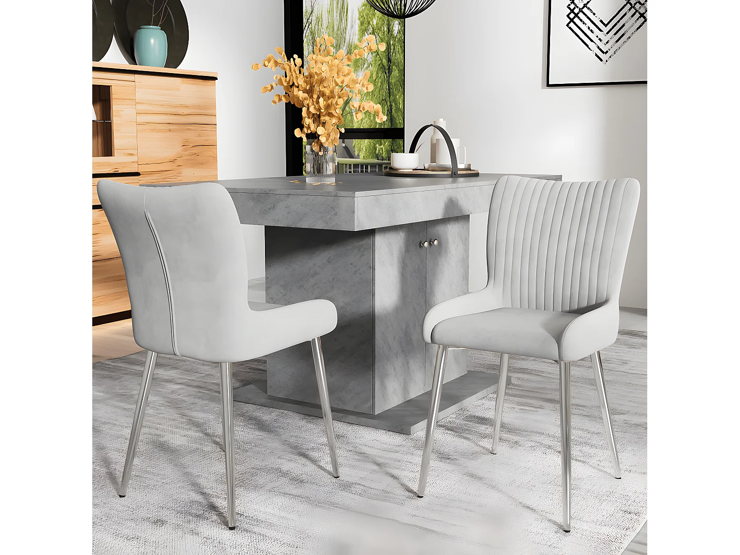 Silla de comedor de terciopelo, lote de 4, cuatro patas de metal plateado, gris