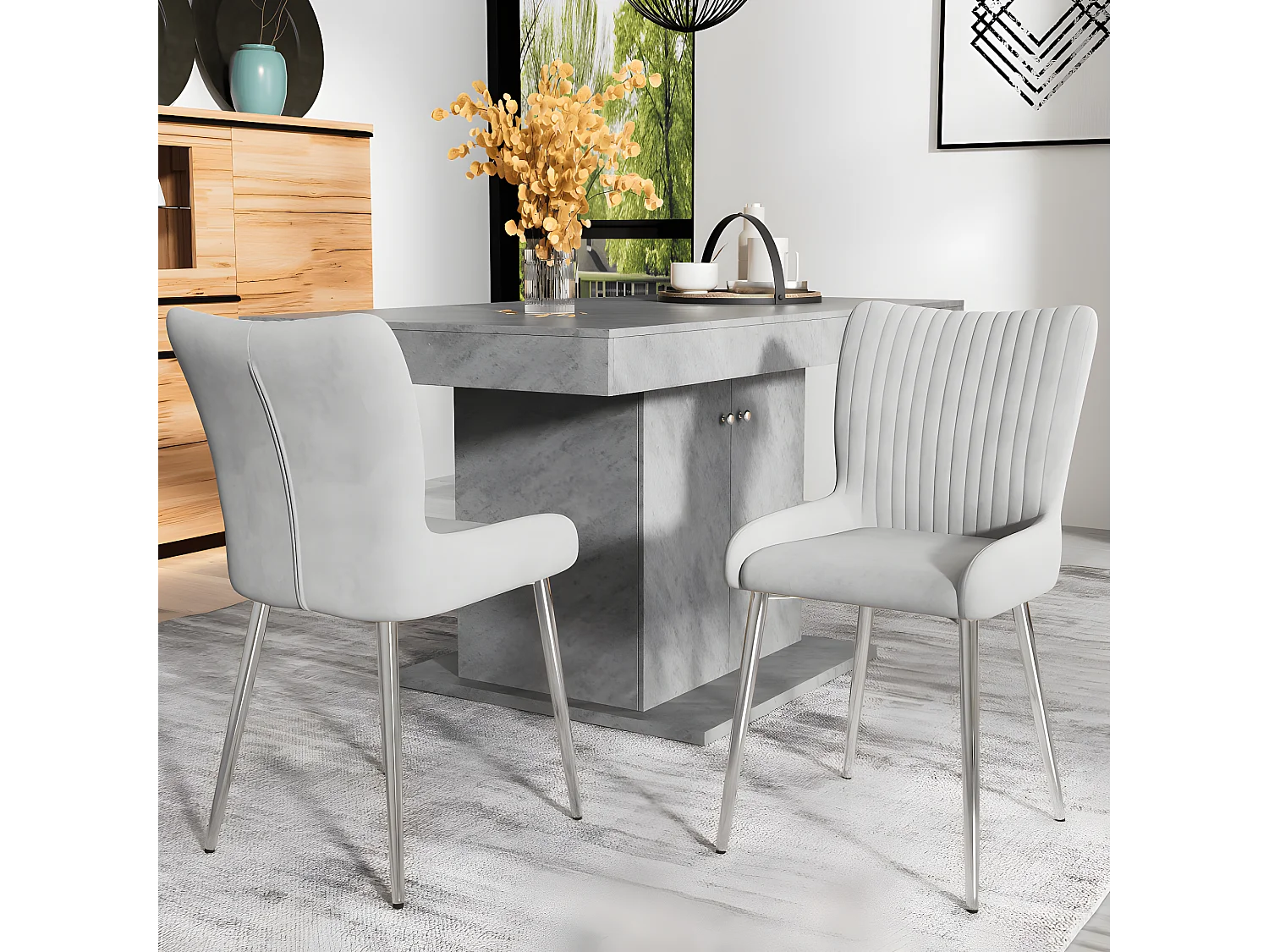 Esszimmerstuhl aus Samt, 4er-Set, Chaiselongue mit vier silbernen Metallbeinen, grau