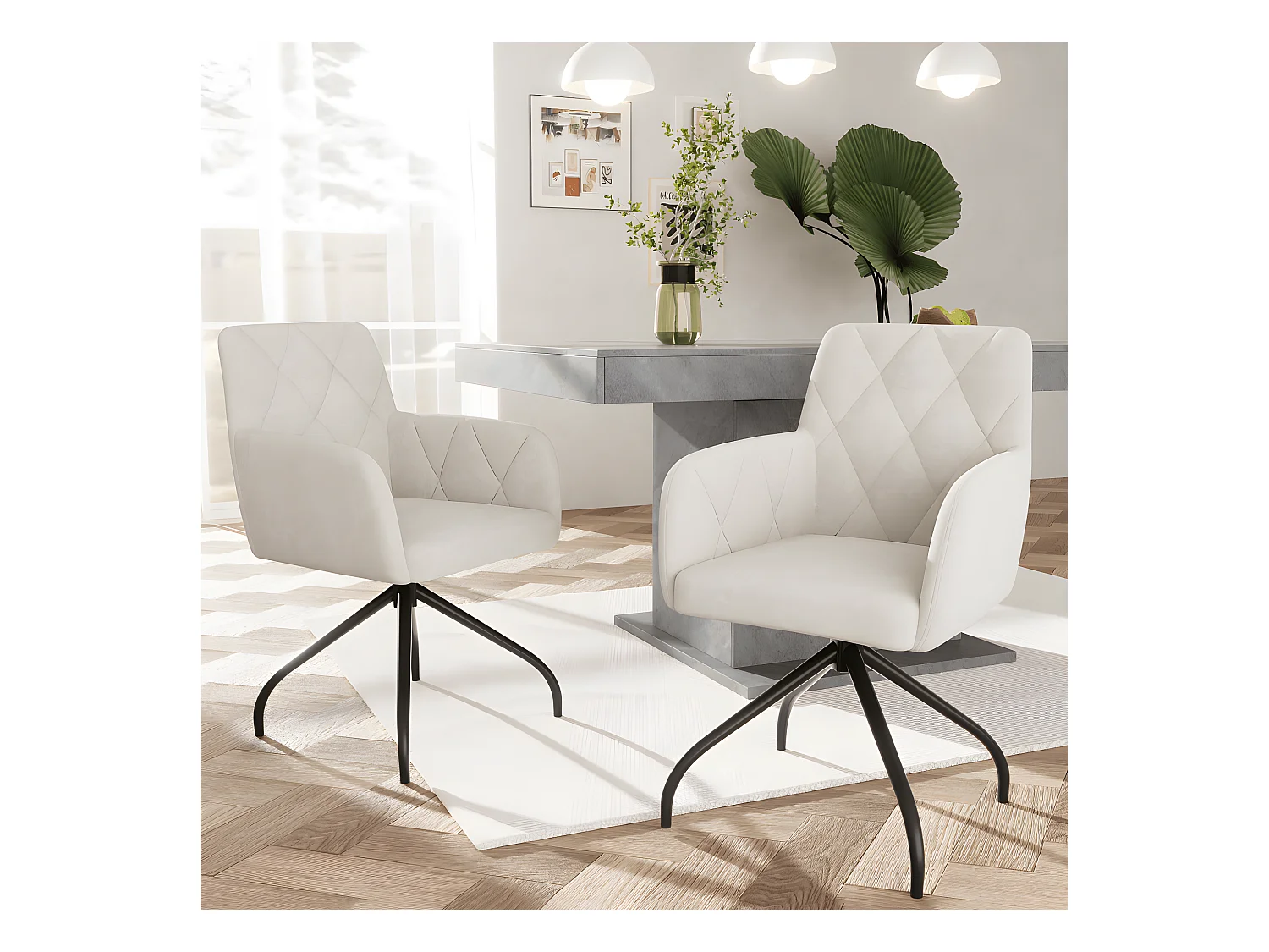 Chaise de salle à manger pivotante à 360° avec motif diamant (ensemble de 4), fauteuil rembourré, chaise de salon moderne, velours, beige