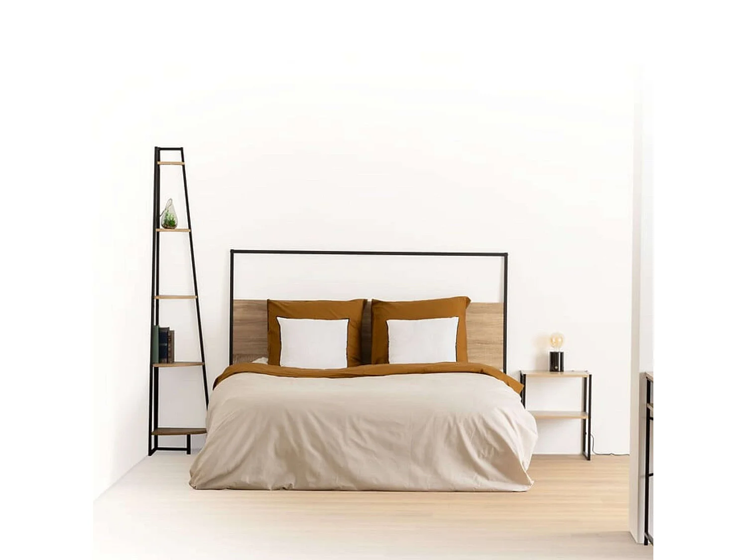 Meuble Étagère d'angle 5 niveaux Effet bois naturel et Métal noir H 180 cm