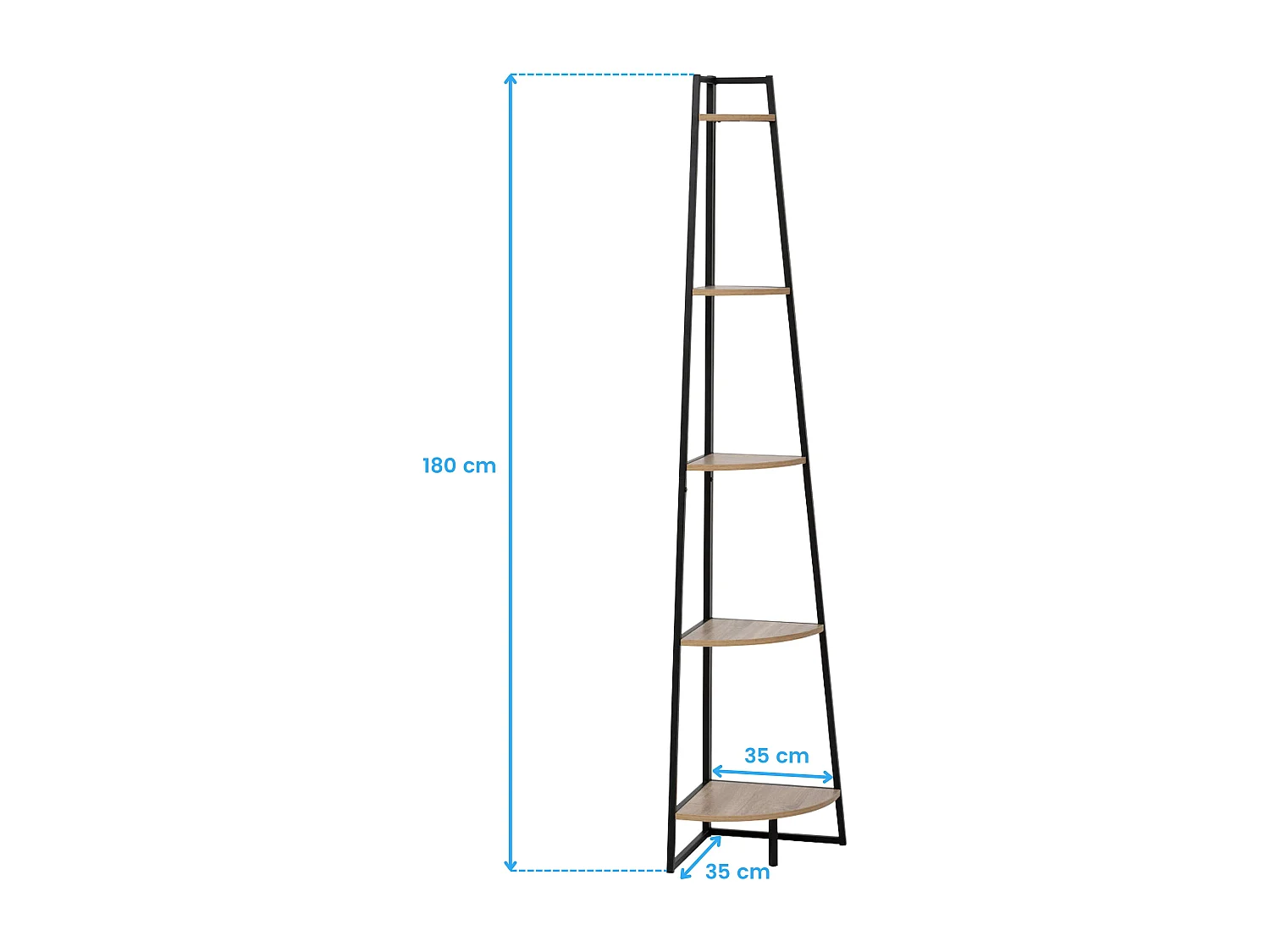 Meuble Étagère d'angle 5 niveaux Effet bois naturel et Métal noir H 180 cm