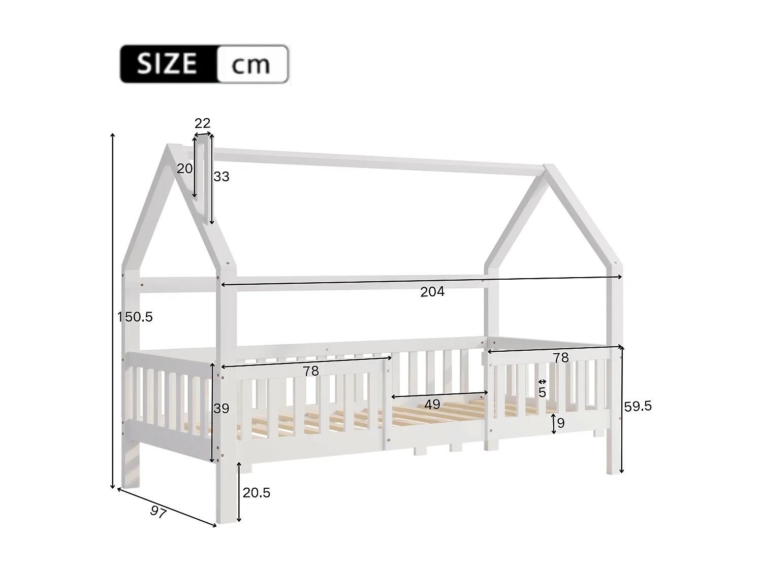 Letto singolo per bambini con camino, rete a doghe massicce, 90 x 200 cm, bianco