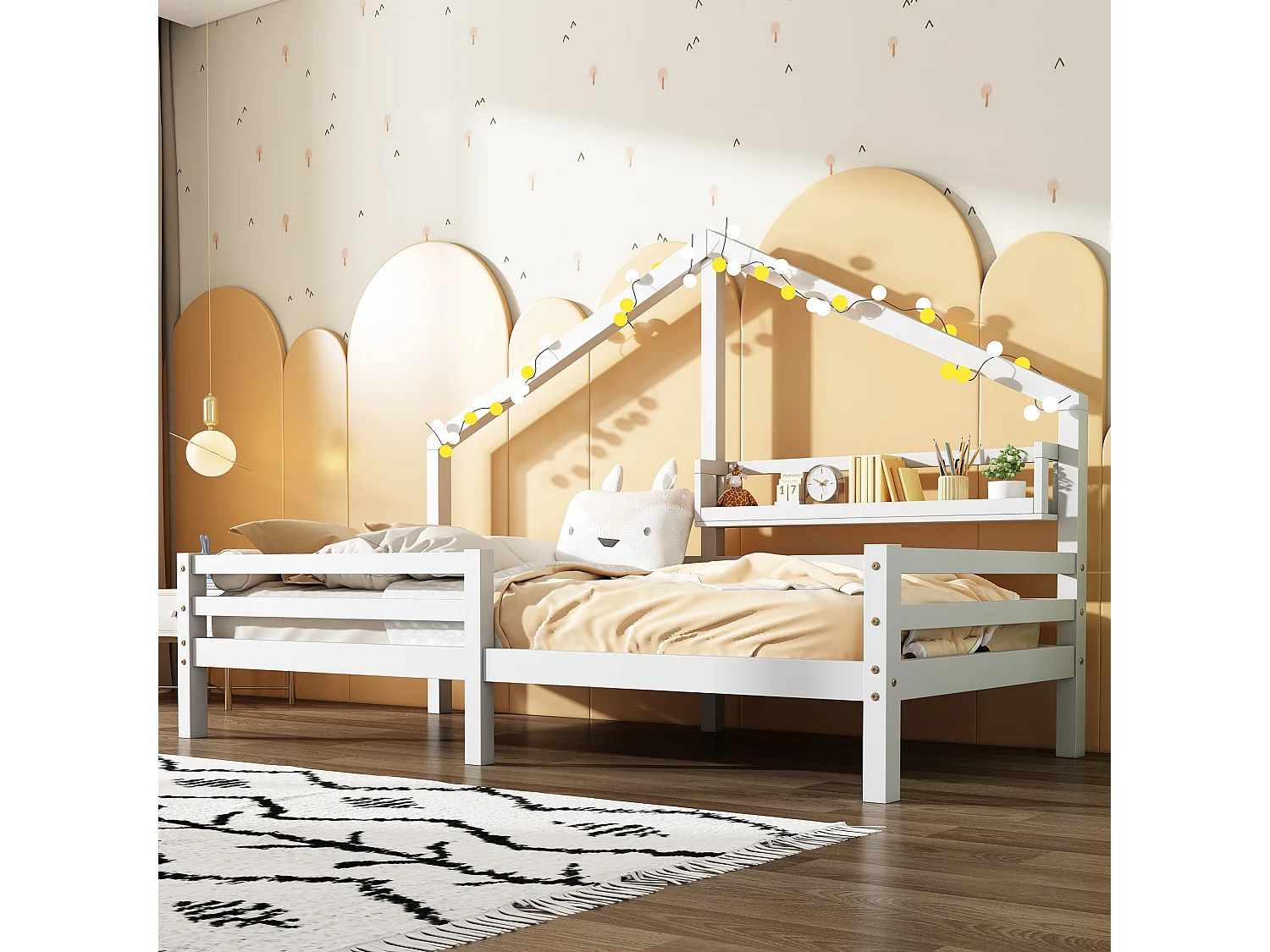 Lit familial, Lit enfant avec étagères de rangement, Moulure de cheminée, 90x200 Blanc