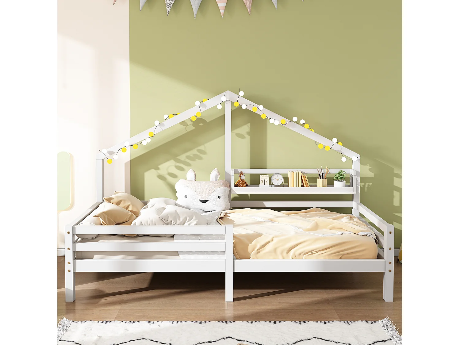 Lit familial, Lit enfant avec étagères de rangement, Moulure de cheminée, 90x200 Blanc