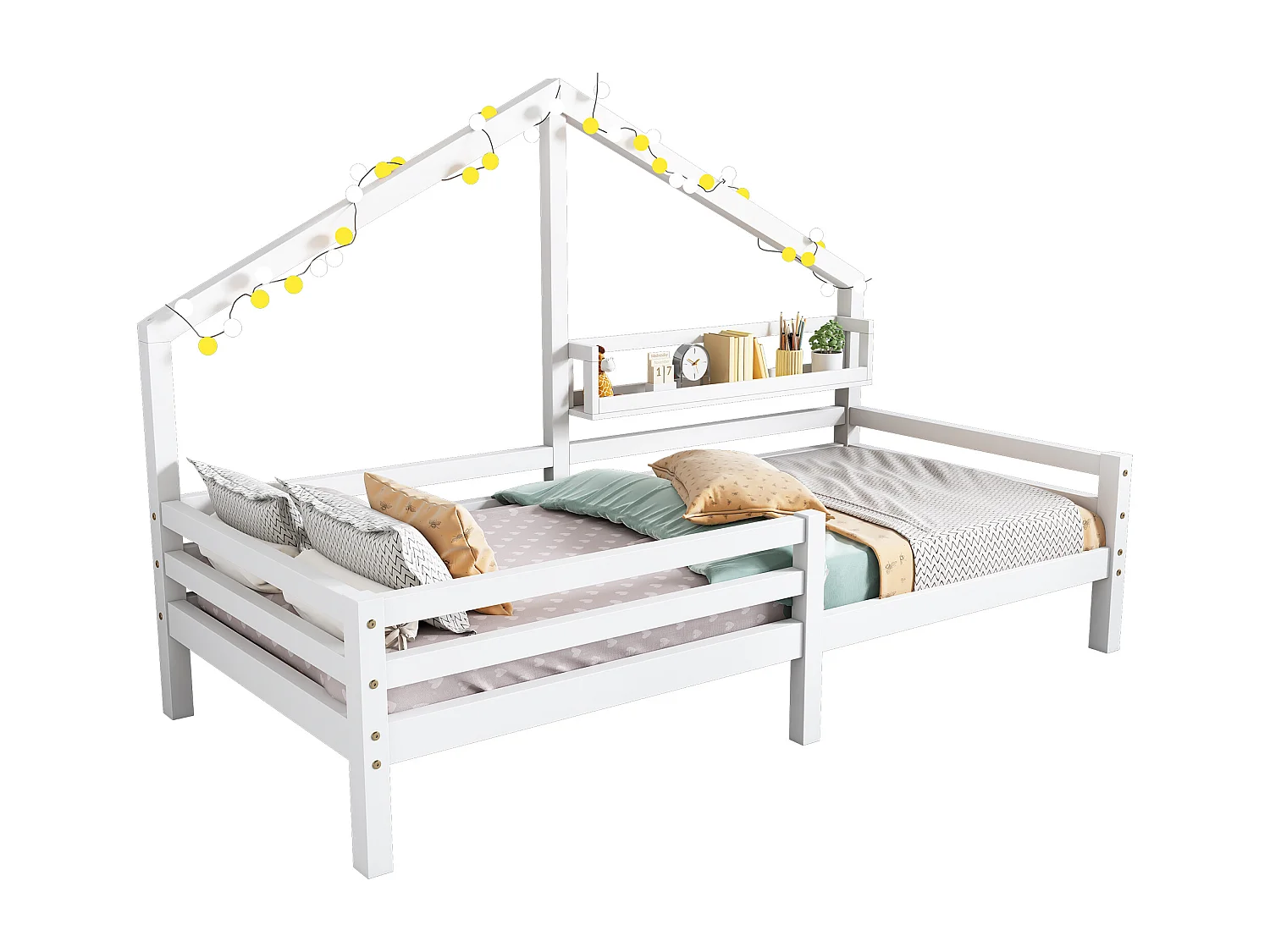 Lit familial, Lit enfant avec étagères de rangement, Moulure de cheminée, 90x200 Blanc