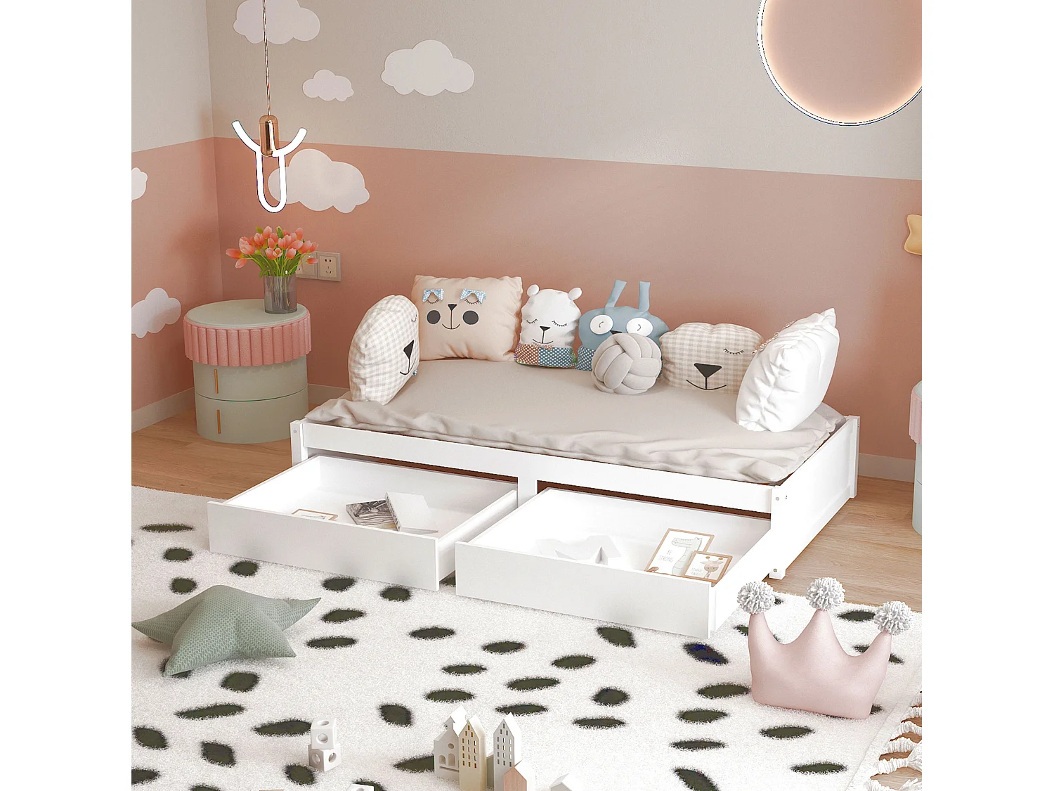 Cama infantil de madera maciza de 90x200 con 2 cajones y somier de láminas, madera moderna, blanco