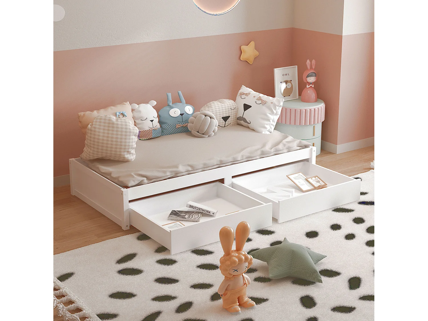 Cama infantil de madera maciza de 90x200 con 2 cajones y somier de láminas, madera moderna, blanco