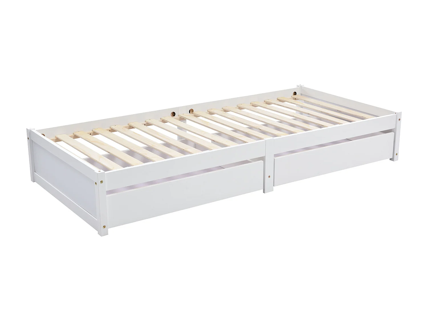 Cama infantil de madera maciza de 90x200 con 2 cajones y somier de láminas, madera moderna, blanco