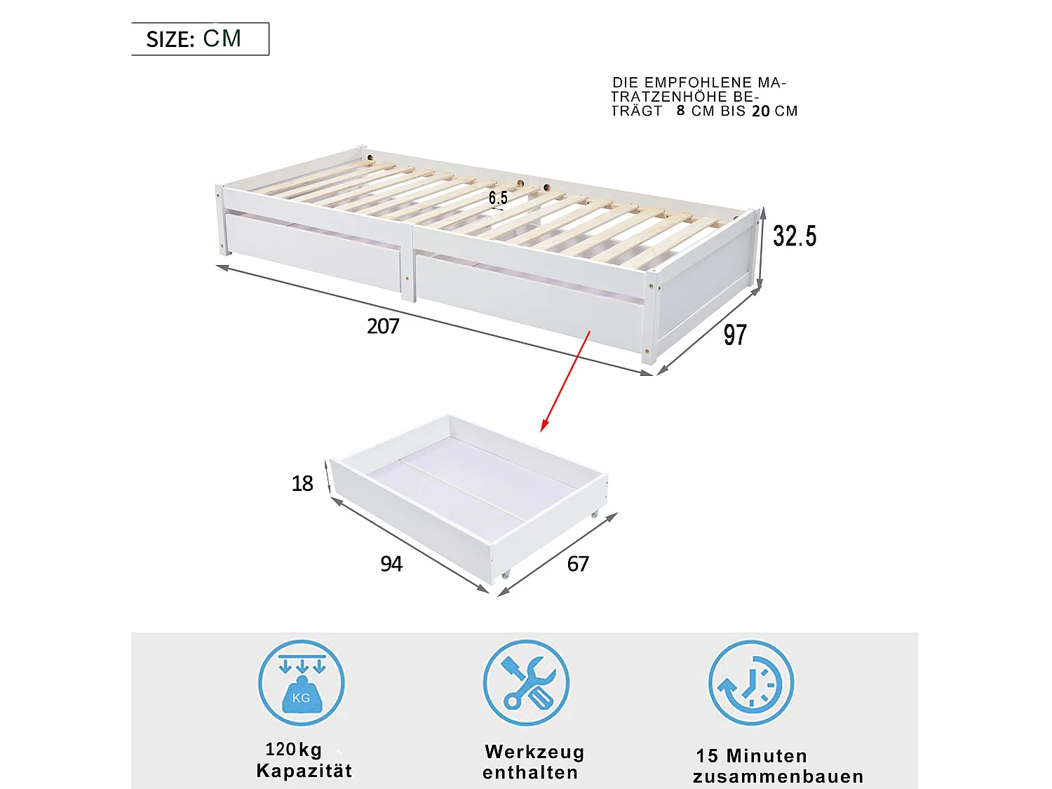 Cama infantil de madera maciza de 90x200 con 2 cajones y somier de láminas, madera moderna, blanco