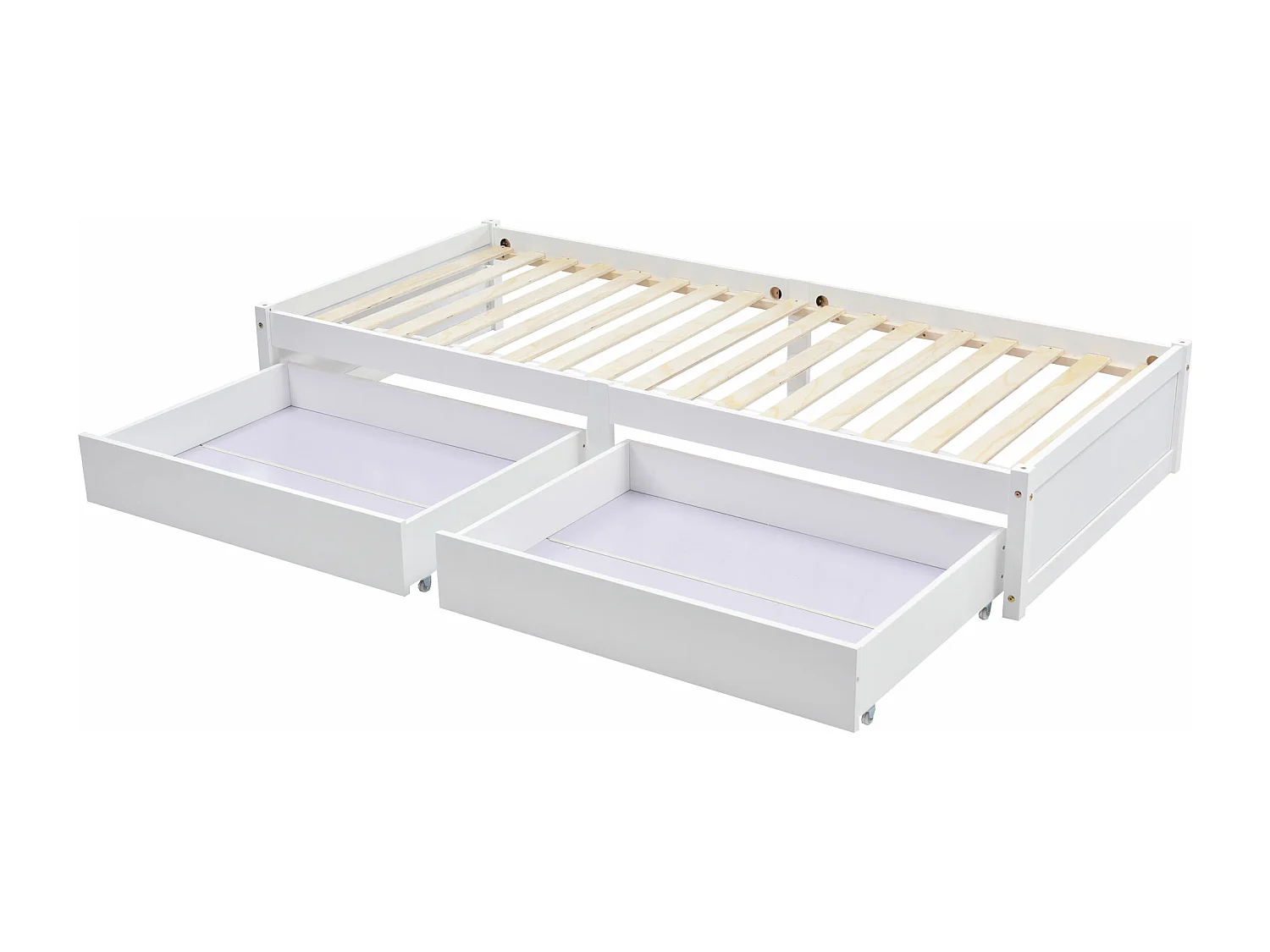 Cama infantil de madera maciza de 90x200 con 2 cajones y somier de láminas, madera moderna, blanco