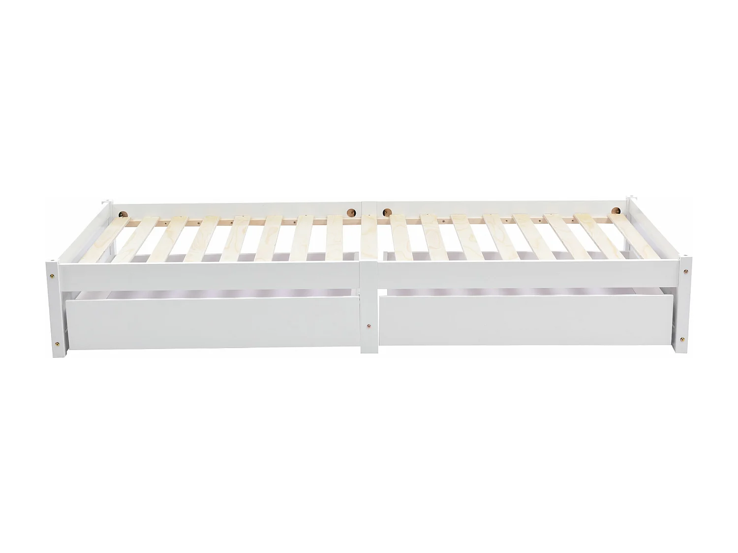 Cama infantil de madera maciza de 90x200 con 2 cajones y somier de láminas, madera moderna, blanco