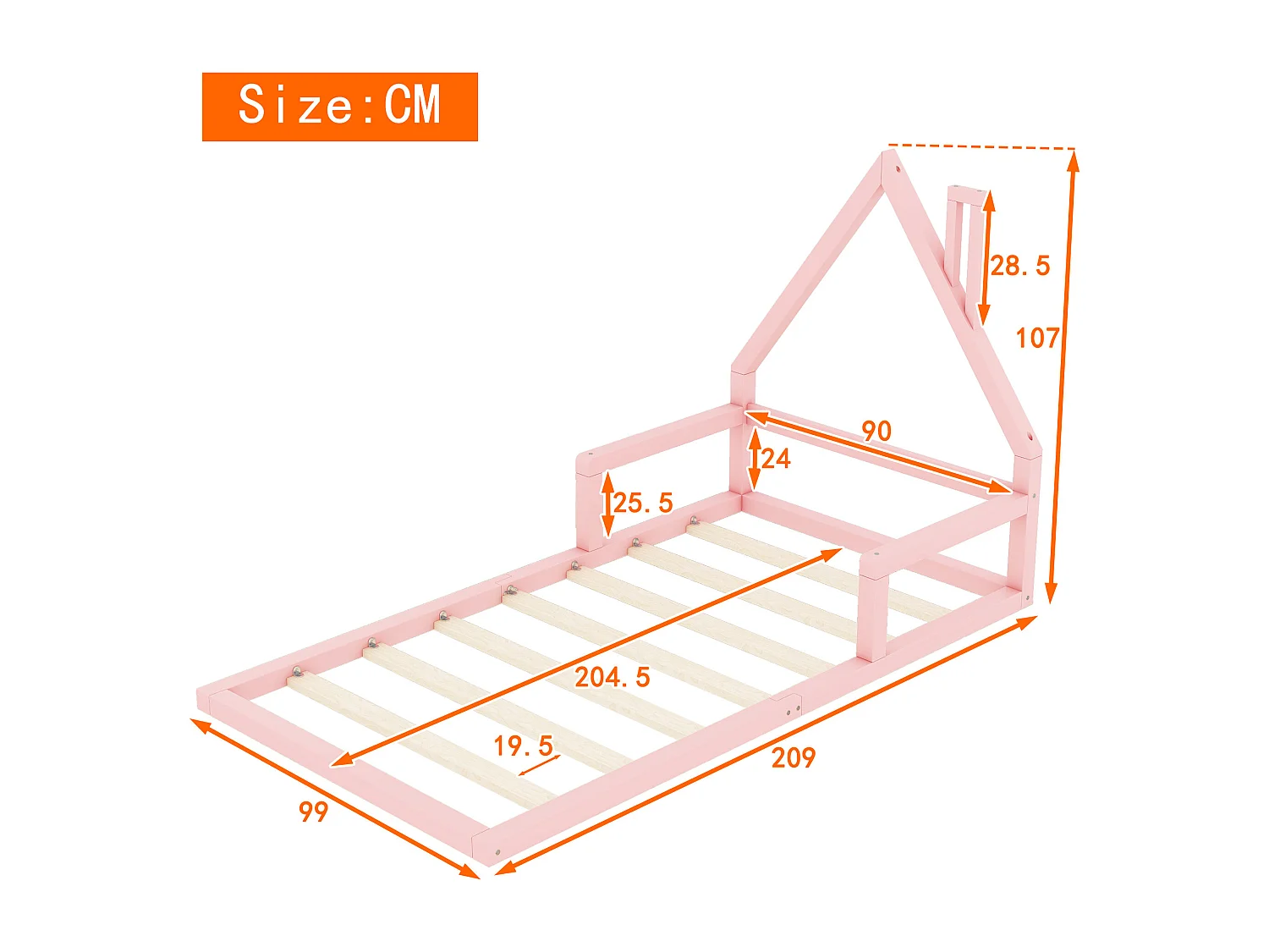 90*200cm Lit d'enfant, lit plat, forme maison, pin massif, forme simple,Rose