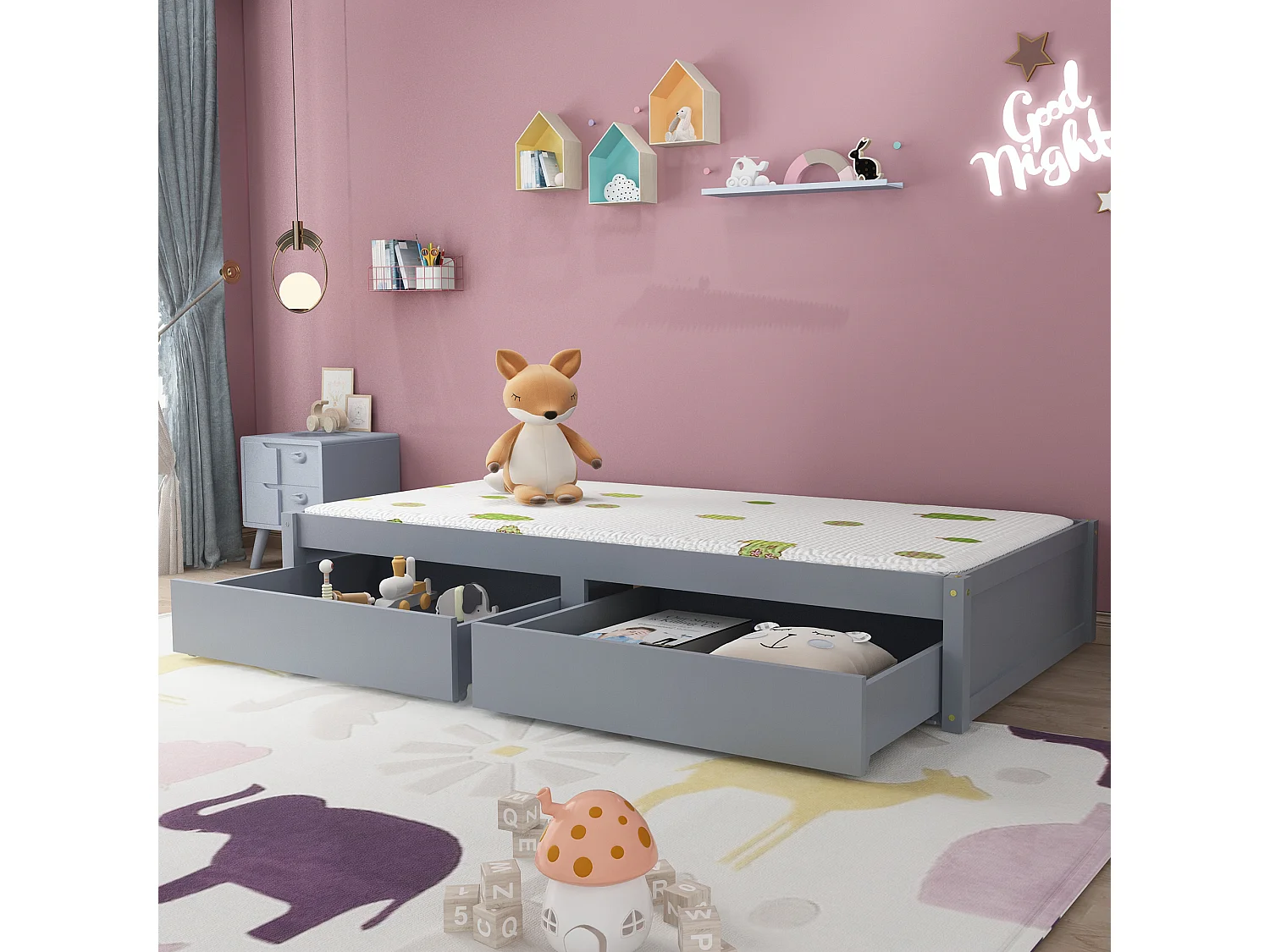 Lit enfant en bois massif 90x200 avec 2 tiroirs et barreaux, lit simple moderne en bois, gris
